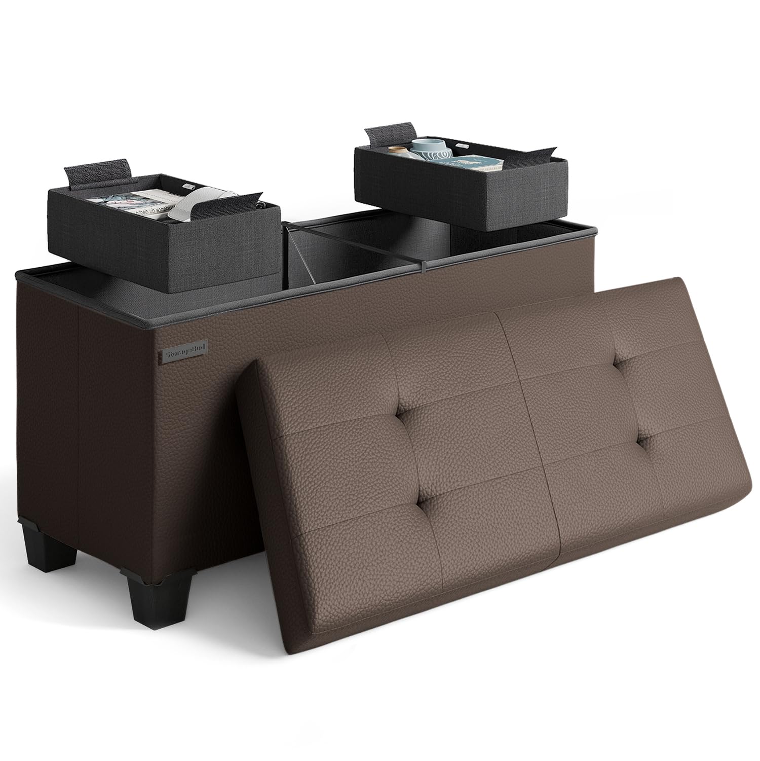 Storage Ottoman Bench with Storage Bins, 30-In Storage Bench for Bedroom End of Bed, Folding Foot Rest Ottoman with Storage for Living Room, Storage Chest Max 660lbs, Faux Leather Ottoman, Brown