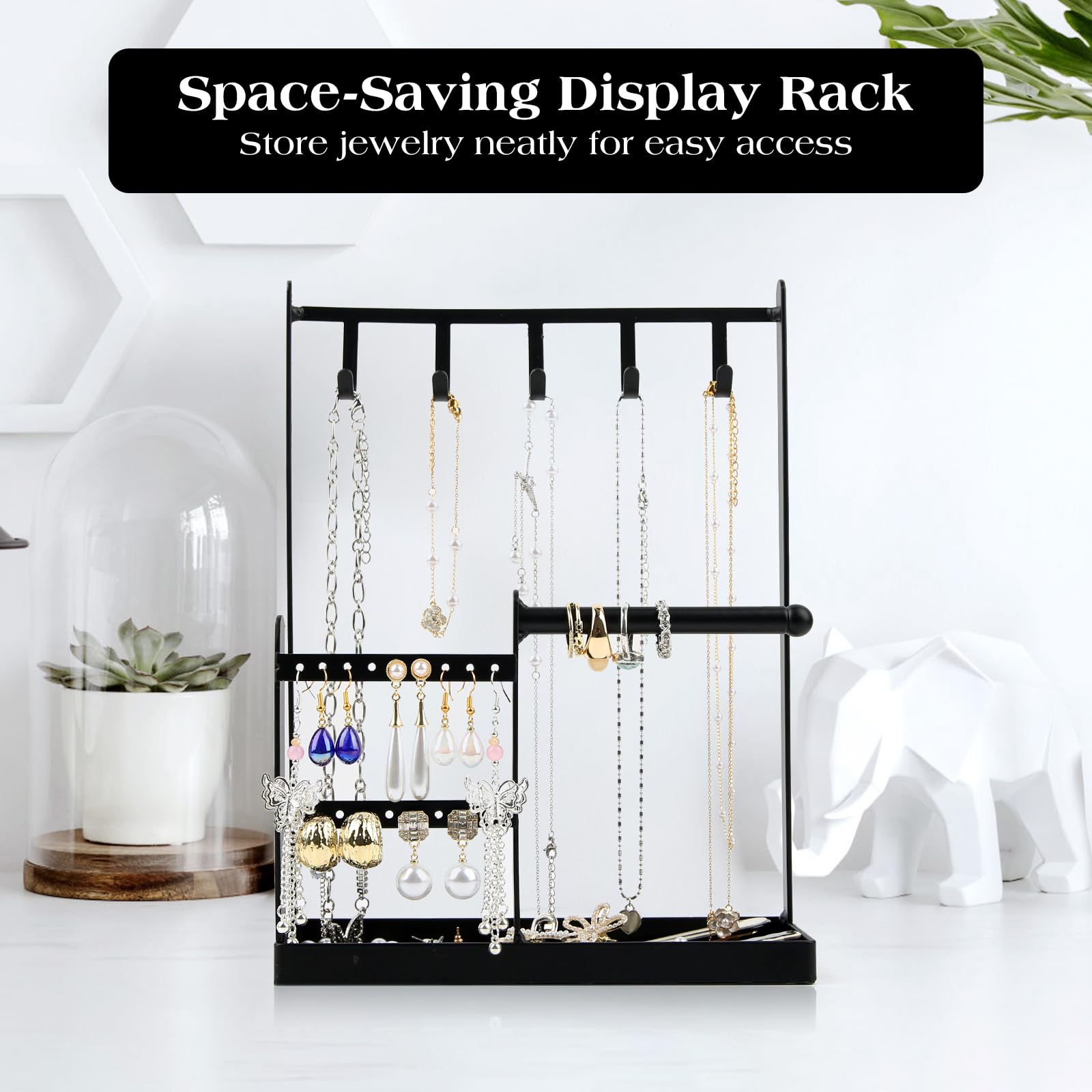 Présentoir à bijoux à 3 niveaux pour boucles d'oreilles, colliers, bracelets, petite tour de rangement esthétique (noir)
