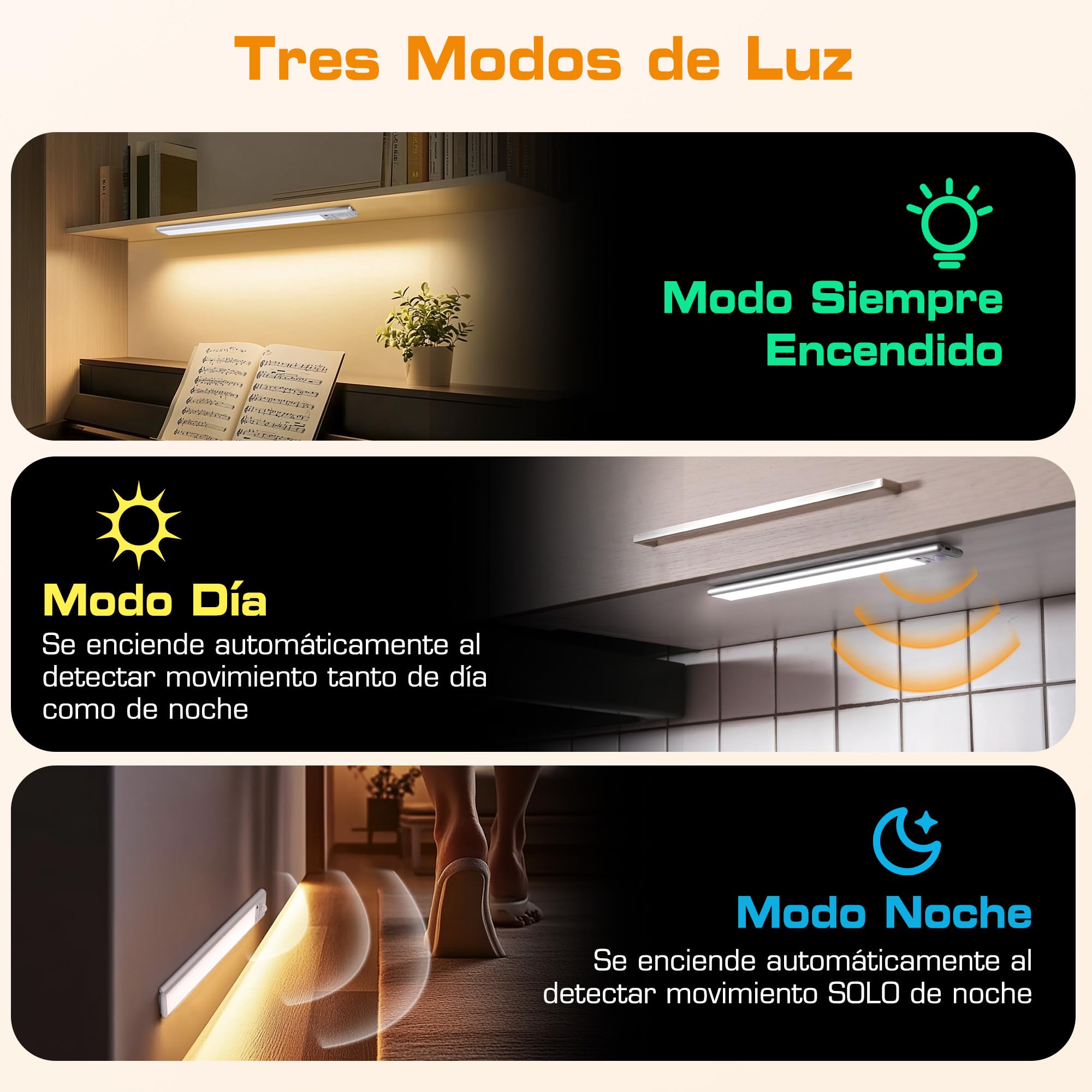 EverBrite 2-Piezas Luz LED con Sensor Movimiento, Luz Led Recargable con Control Remoto, 78 LED, 3 Modos, Batería de 2200mAh, Luz Ajustable 3000K/4000K/6500K, para Armario, Escalera, Cocina, Pasillo