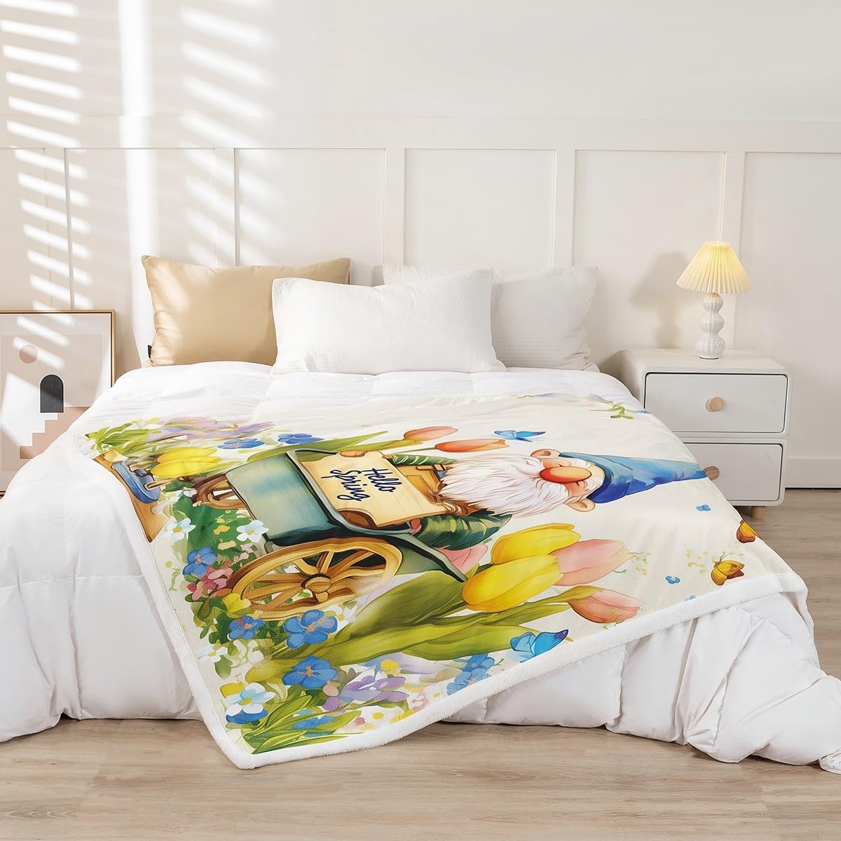 Spring Gnome Throw Blanket Throw Size,Girls Tulips Floral Fleece Blanket for Bed Sofa,Kids Garden Butterfly Blossoms Plush Bed Blanket Bedroom Decor,Hello Spring Luxury Soft Warm Sherpa Blanket