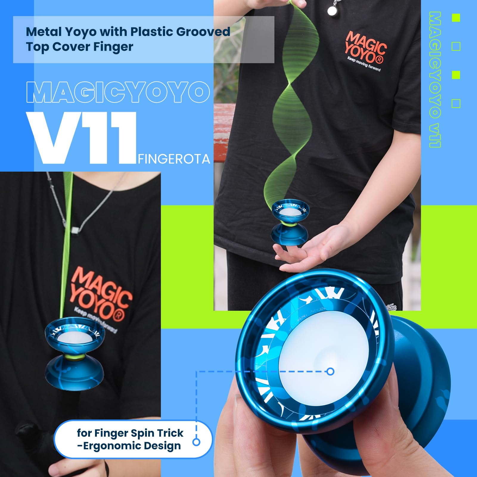MAGICYOYO V11 FINGEROTA Professional Finger Spin Yoyo - Dual Purpose Trick Yoyo Responsive &Unresponsive Yo Yo for All Levels +Yo Yo Glove + 12 Replacement Strings +Storage Case (Dark & Light Blue)