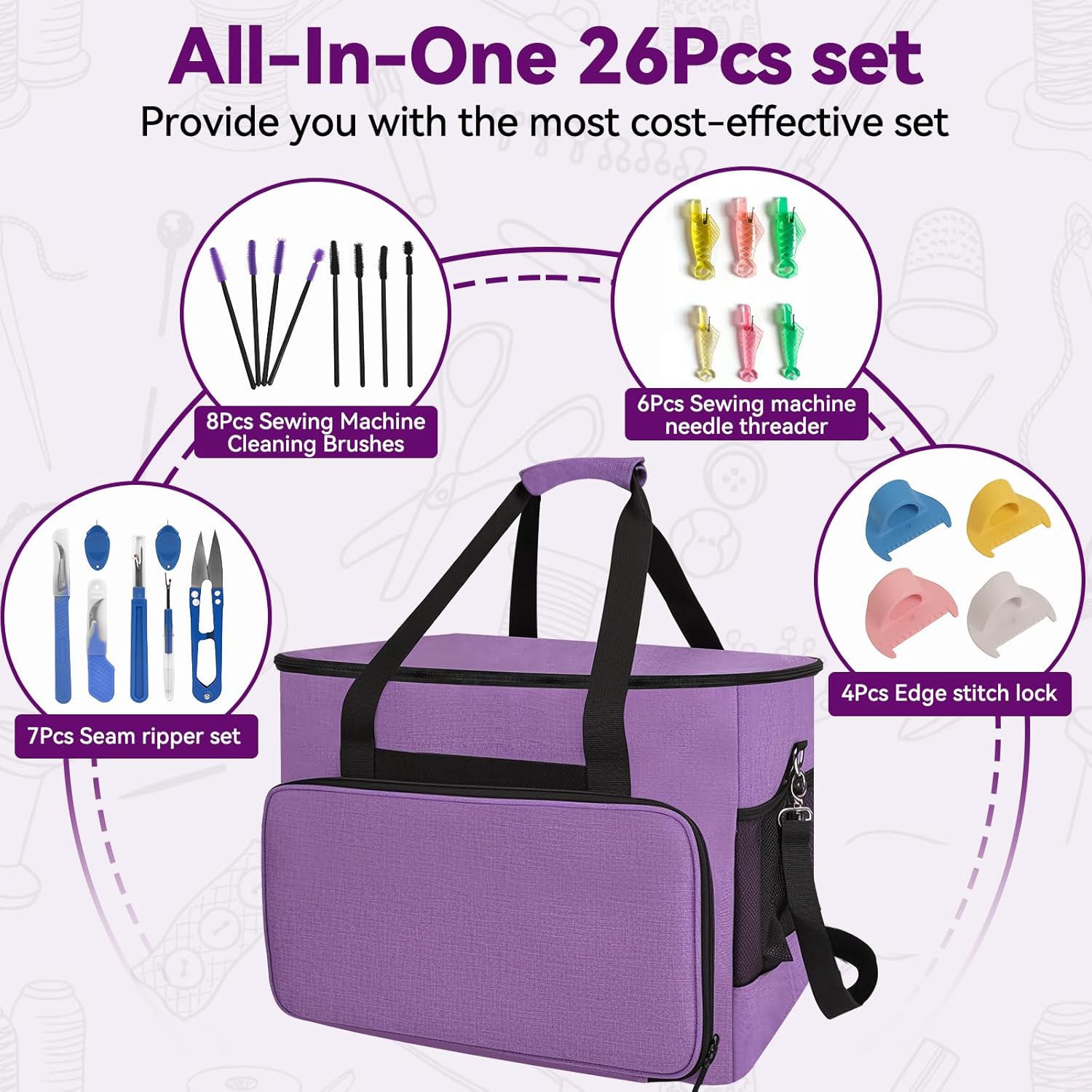 26 PCS Sewing Machine Case Set, Includes Portable Sewing Machine Bag, Suture Remover Kit, Threaders, Cleaning Brushes & Multifunctional Sewing Tool, Suitable for Standard-Sized Sewing Machines