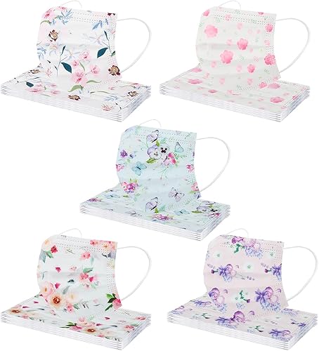 Paquete de 50cubrebocas desechables de flores para mujeres de 3capas con diseño colorido para adultos