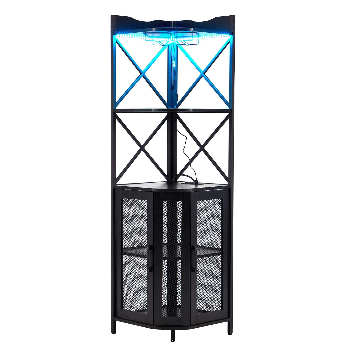 AVAWING Armoire à Vin d'angle avec LED et Prises USB, Meuble de Bar Industriel 5 Niveaux, Buffet Cuisine avec Porte-Verres et Portes Métalliques, Gain de Place pour Salon Salle à Manger (Noir)