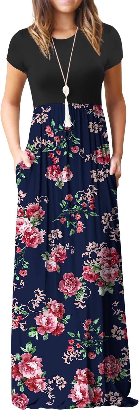 GRECERELLE Women's Short Sleeve Floral Print Loose Plain Maxi Dresses Casual Long Dresses with Pockets FP-Rose Navy M