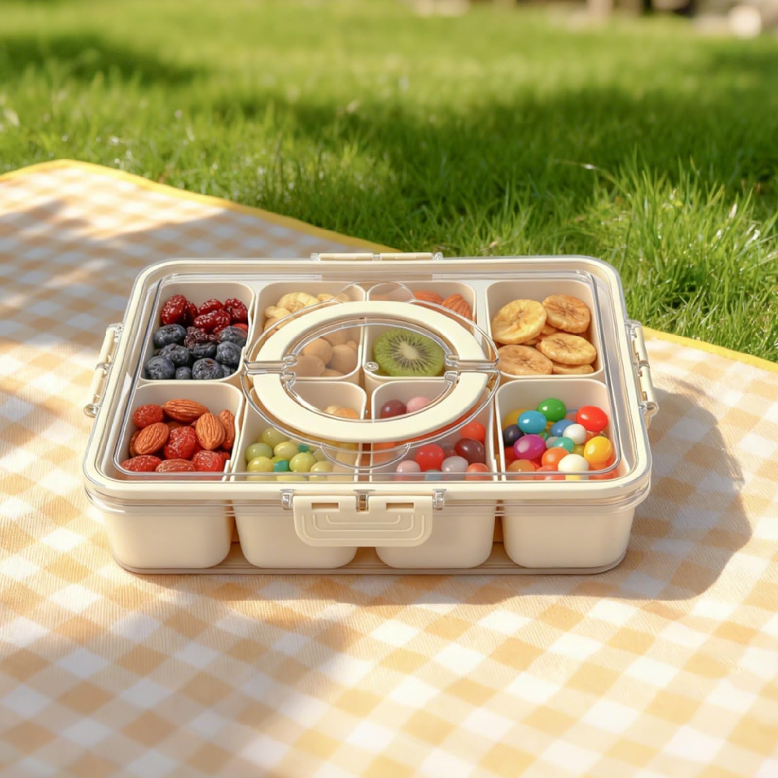 LN COZY CORNER Snackle Box with 8 Removable Compartments, Airtight Lid & Handle, Plastic Food Container Organizer for Snacks, Fruits, Nuts, Candy, Charcuterie, Travel, Picnics (1PCS)