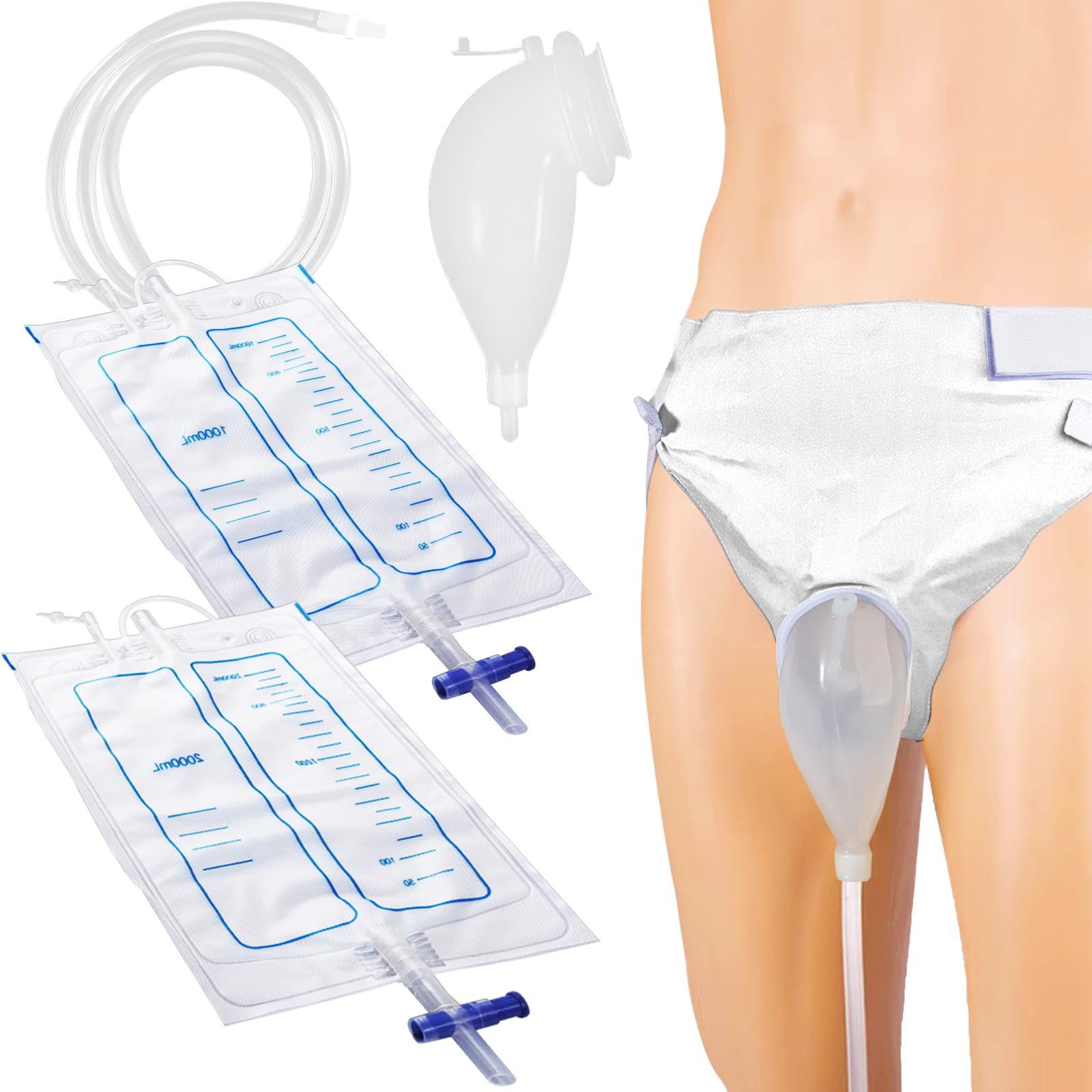 Wearable Urine Collector Set with 2 Drainage Bags (1000ml/2000ml), Reusable Silicone Catheter, Adjustable Cotton Pants, Men White