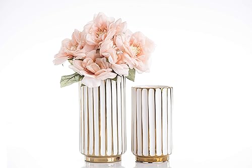 Miniatura 3 de jupriverco Jarrón blanco y dorado, elegante decoración del hogar, florero de flores, centro de mesa de cocina, crestas geométricas, parte inferior