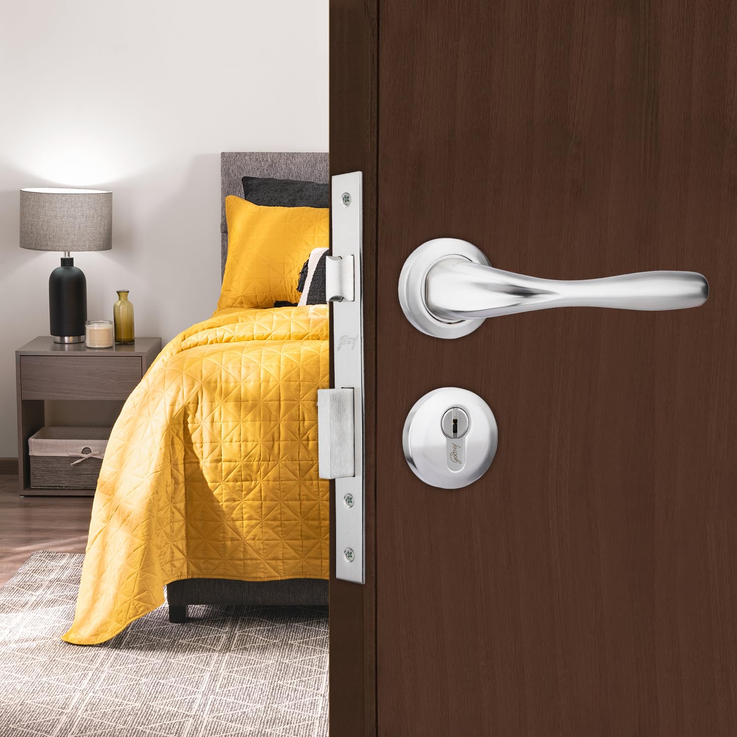 Godrej Mortise Lock | Handle Lock Set for Main & Bedroom Door | Calla Rossette Home Décor Handle | Satin Steel Finish | 60 mm 1CK Cylinder - Knob from Inside and with 4 Keys,with 5year Warranty (B0CP92CKHB) Amazon Price History, Amazon Price Tracker