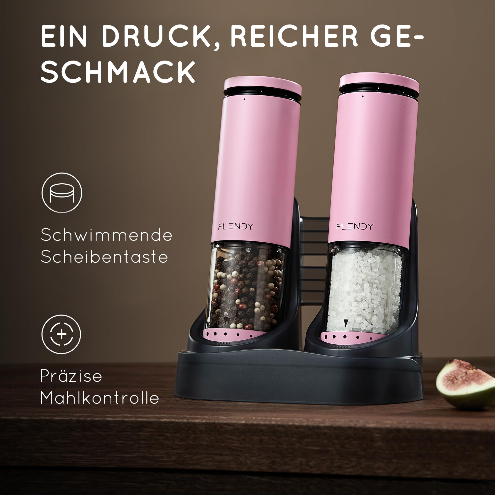 Flendy Salz und Pfeffermühle Elektrisch 2er Set, Elektrische Salz und Pfeffermühle Set mit USB-C Ladestation, Elektrischer Salz und Pfefferstreuer aus Edelstahl mit LED-Licht, Elektrische Gewürzmühle