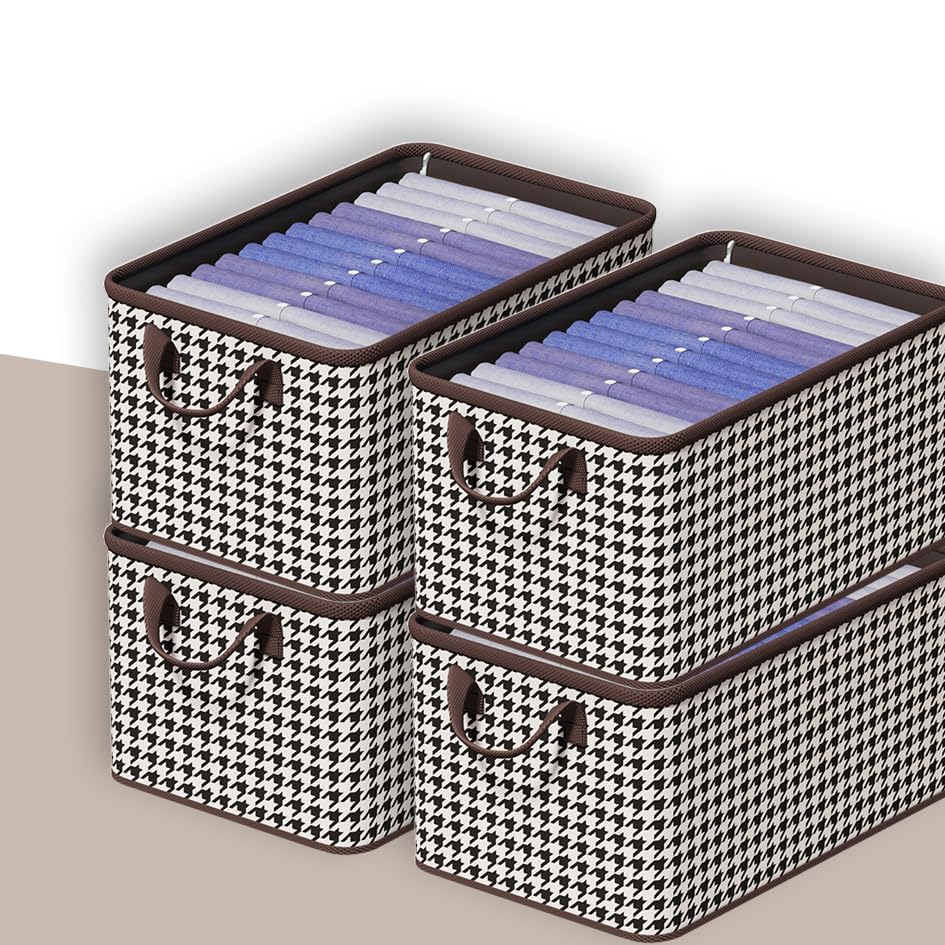 PRIME PICK Foldable Cloth Storage Organizer Box Breathable Non Woven Fabric Wardrobe Clothes Organizer Without Lid Sturdy Frame Handles Space Saving Storage Box Black and white Pack of 4