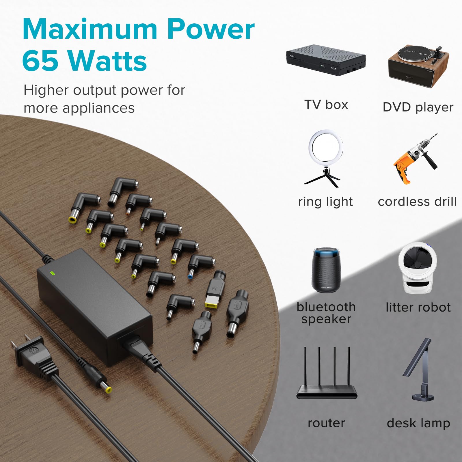 Powseed Adattatore CA universale da 65 W, 5 V, 6 V, 10 V, 12 V, 13,5 V, 14 V, 15 V, 16 V, 18 V, 18,5 V, 19 V, 19,5 V, 20 V, cavo di alimentazione con 16 spine CC per computer portatile Lenovo, HP,