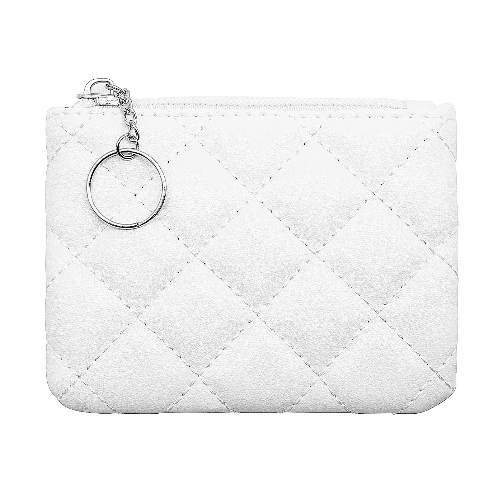 LJCZKA Coin Purse for Women Quilted Leather Mini Pouch Card Holder Top Zipper Coin Wallet Makeup Bag with Keychain (White)