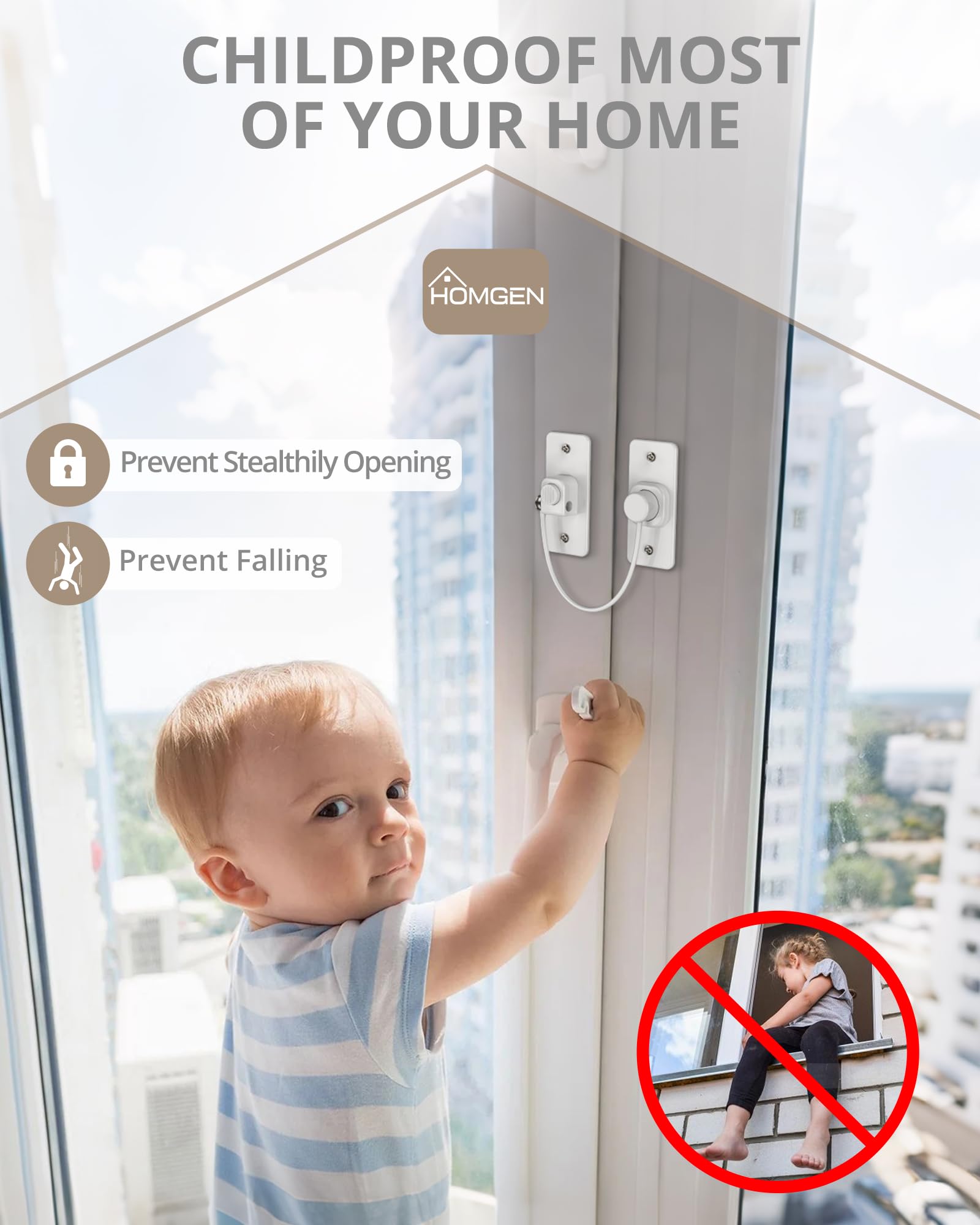 HOMGEN Confezione da 20 serrature per finestre senza foratura, per finestre in UPVC, chiusura a bottone di sicurezza per bambini, resistenti, autoadesive, 2 vie, installazione per UPVC, legno, telaio