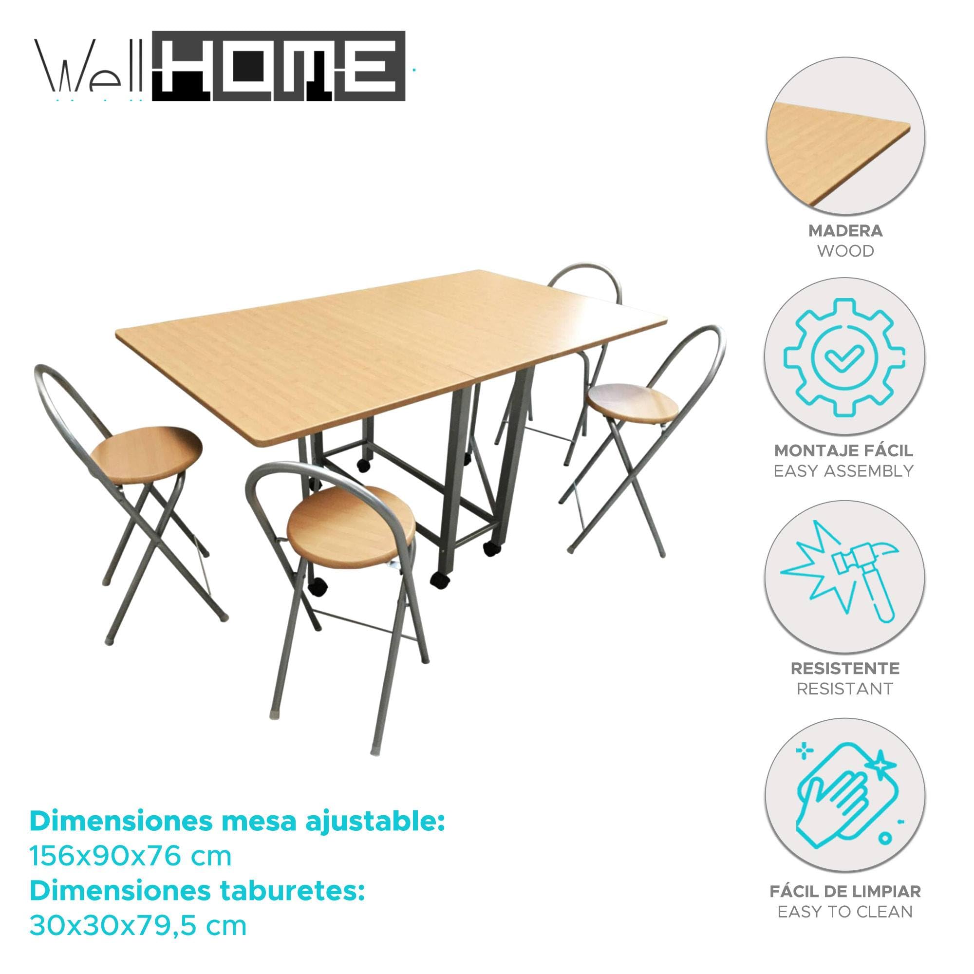 WELL HOME MOBILIARIO & DECORACIÓN Set 'Libro' da Tavolo e Quattro sgabelli in Legno e Metallo, Melaminico, Grande