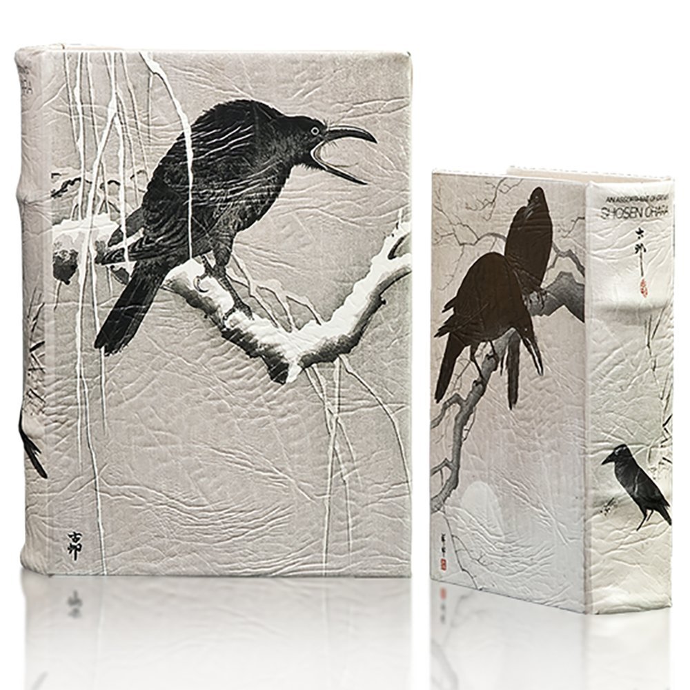 Japanese Art Crow Raven Birds in Snow Book Box Set of 2 Decorative Book Secret Storage Jewelry Keepsake