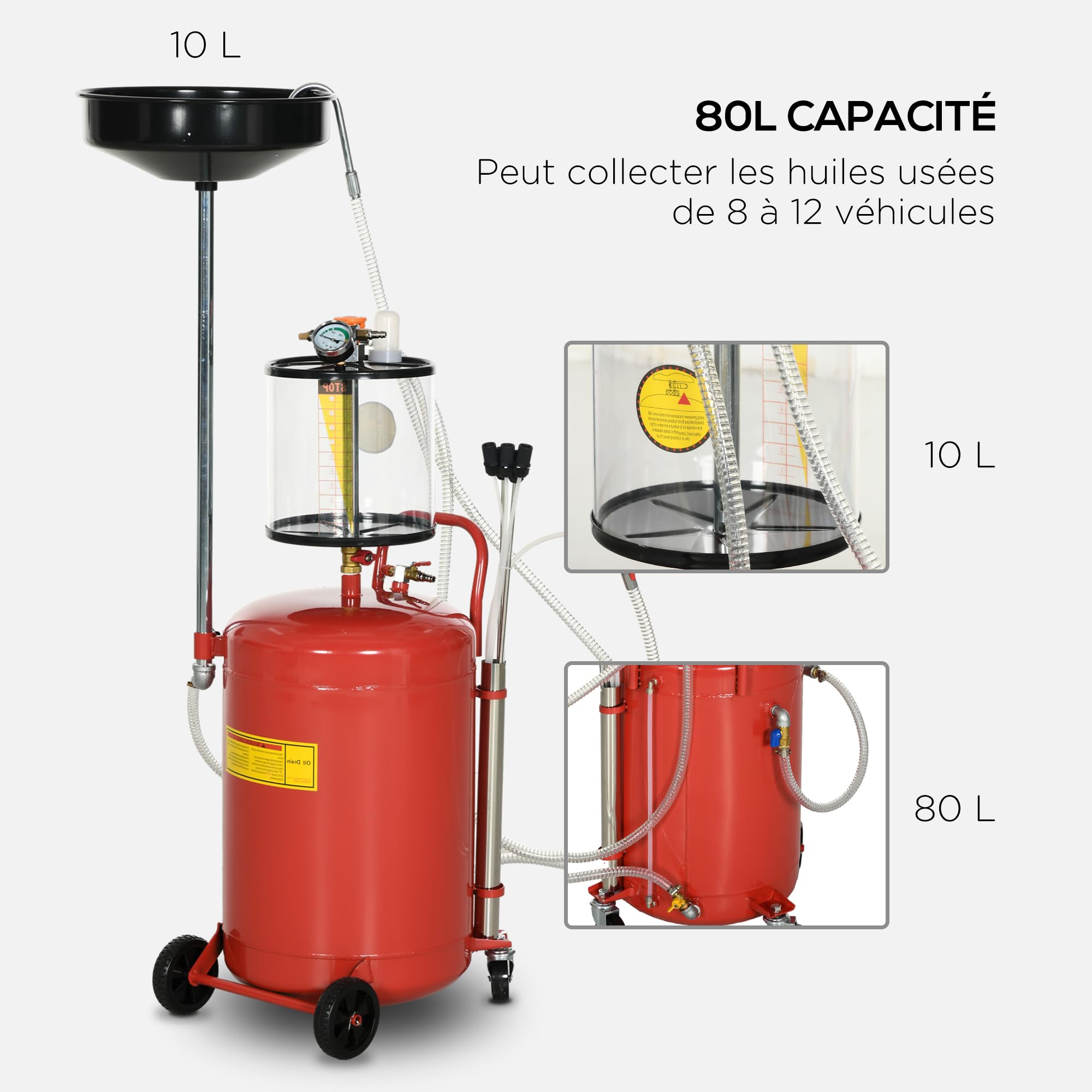 DURHAND - Recuperador de aceite de drenaje de aceite usado portátil 2 en 1, equipado con ruedas, altura ajustable y drenador de aceite neumático de 80 L, color rojo