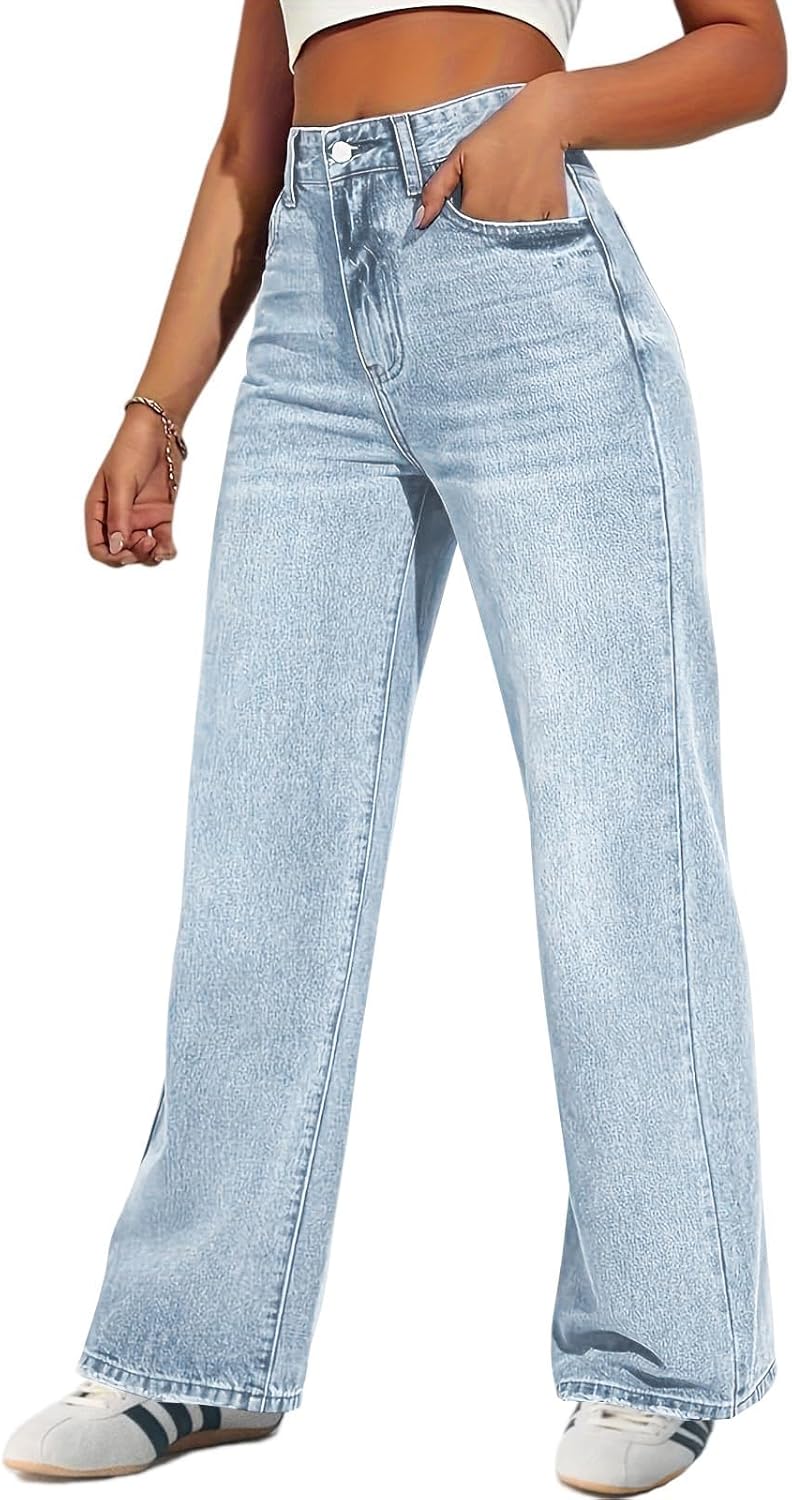 Godalithic Wide Leg Jeans Women High Waisted Baggy Jeans Stretchy Y2k Cute Pull On Boyfriend Mom Straight Leg Denim Pants