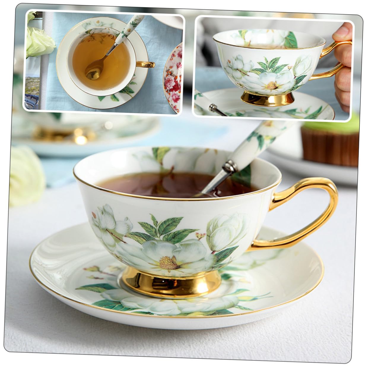 Set da 1 Tazza e Piattino in Ceramica Decoro Dorato, Facile da Pulire e Resistente per Tè e Caffè, per Pomeriggi Rilassanti e Colazioni Eleganti