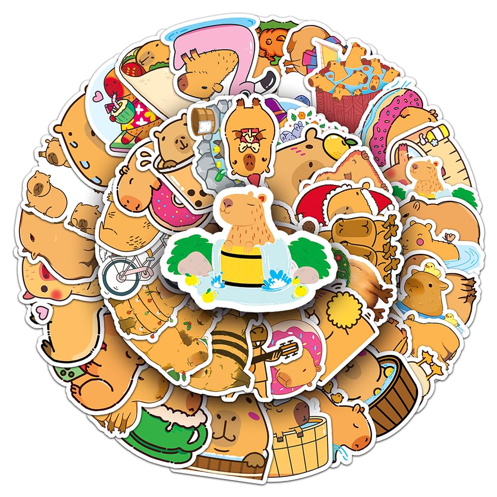 Playful Capybara Vinyl Stickers, 100 PCS Waterproof Illustrated Animal Decals for Laptops Scrapbooking, Journals, Notebooks