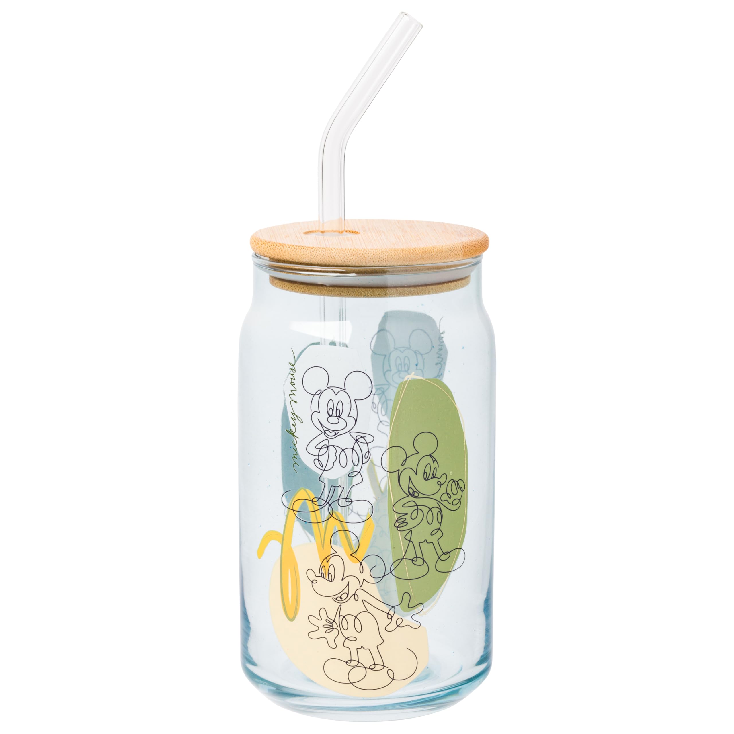 Silver Buffalo Mickey Mouse Sketches Disney Abstract Glass Jar Tumbler With Bamboo Lid And Glass Straw, 16 Ounces