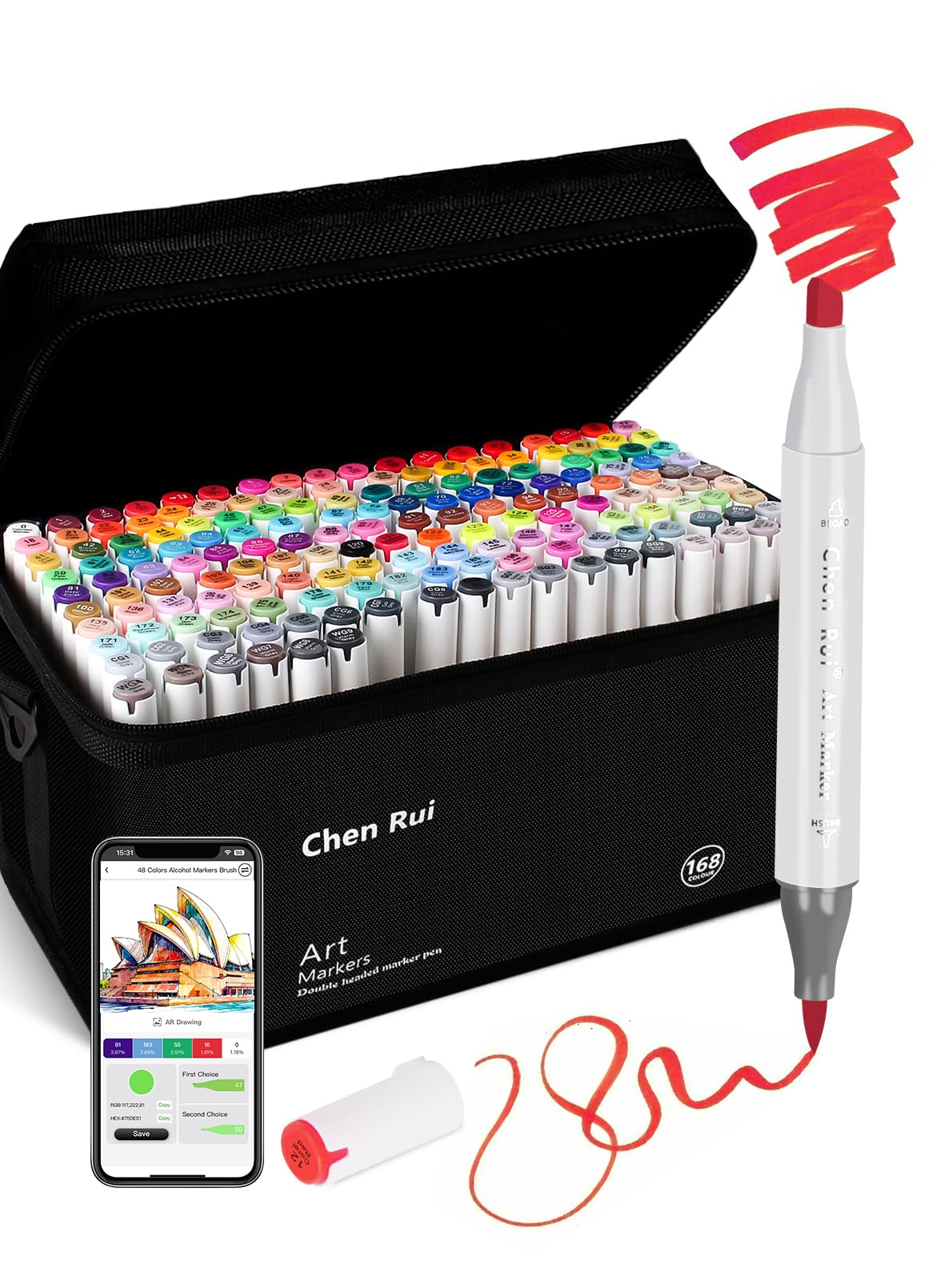 Chen Rui 168 Colours Alcohol Markers Brush Tip with Free App,Dual Tips Blender Colouring Pens for Adults Alcohol Based Markers Dual Tips for Painting Sketching