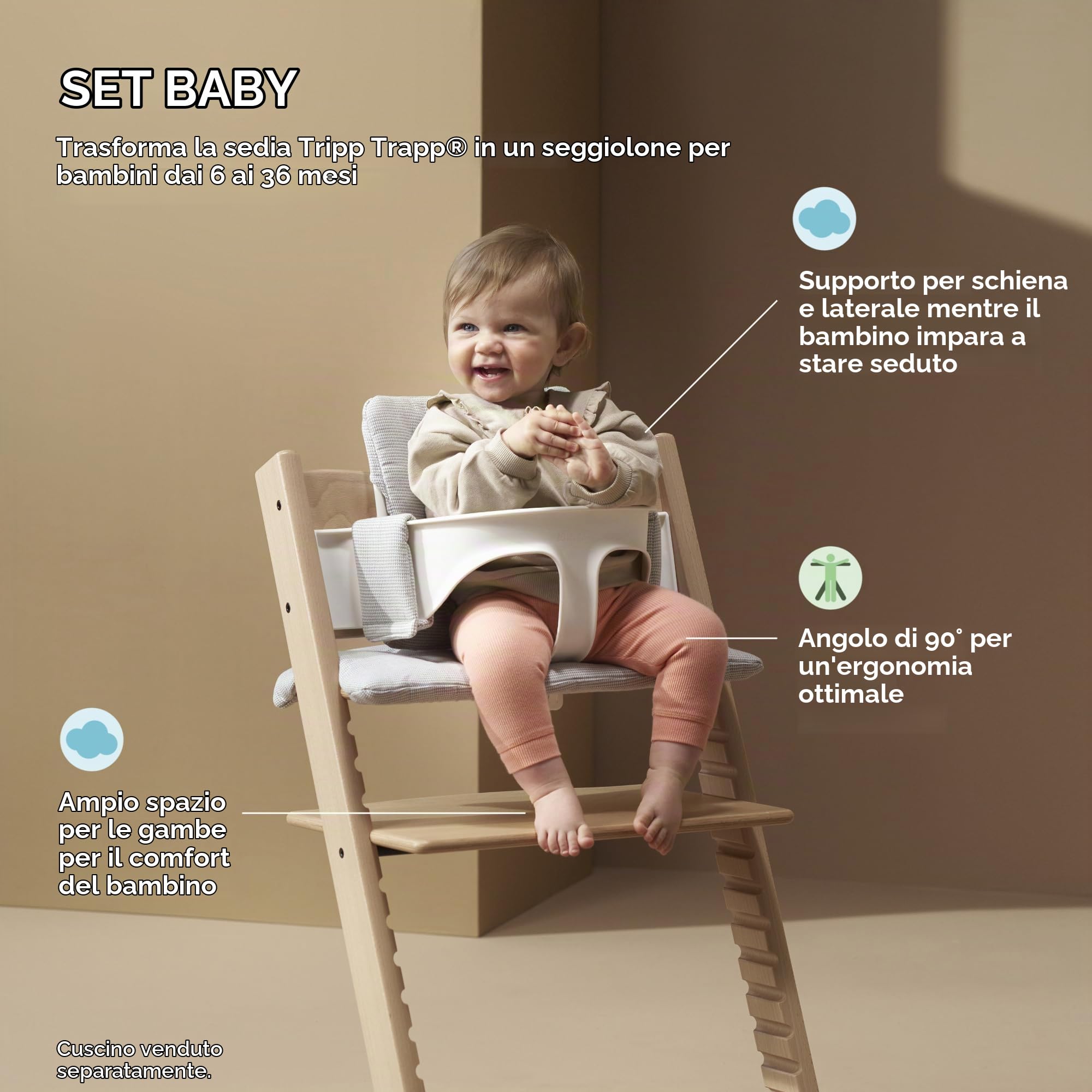 Seggiolone Tripp Trapp di Stokke, Whitewash/White (Include Sedia + Baby Set 2) con Newborn Set - Design Sicuro, Regolabile, Ergonomico