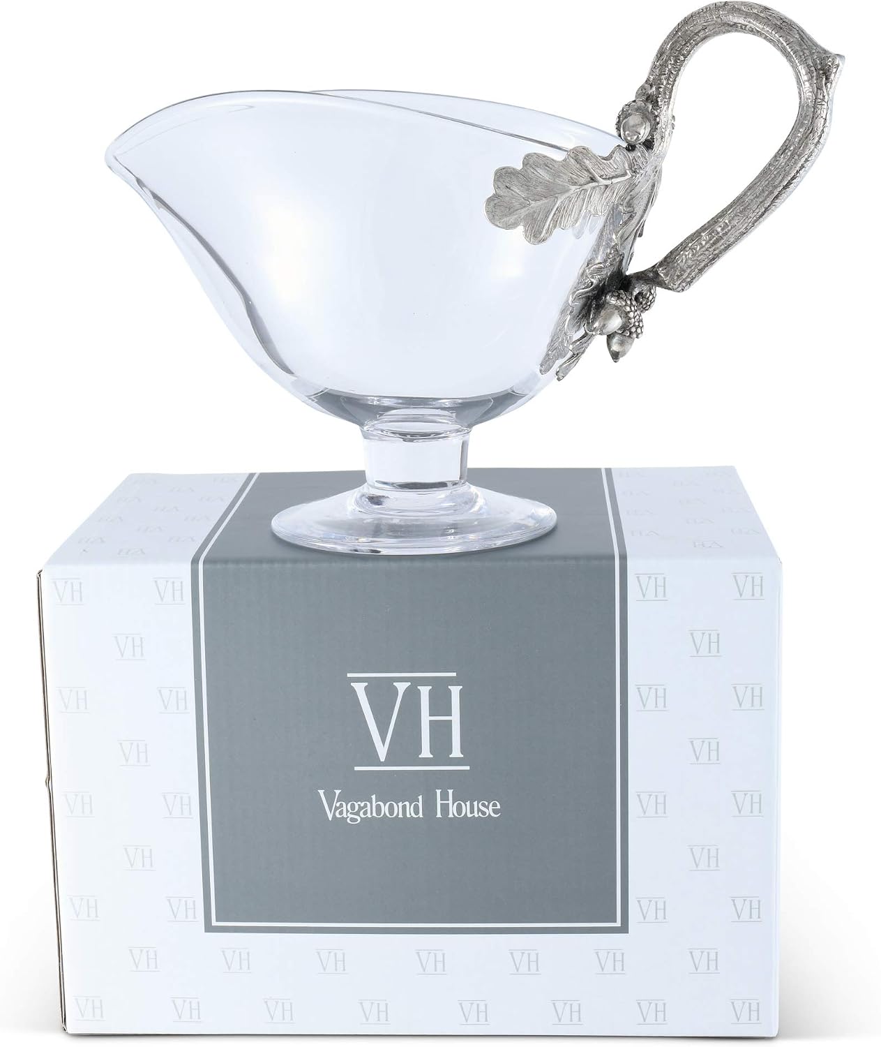 Vagabond House Glass Gravy Boat Sauce Bowl with Pewter Acorn Forest Handle 9 inch Long