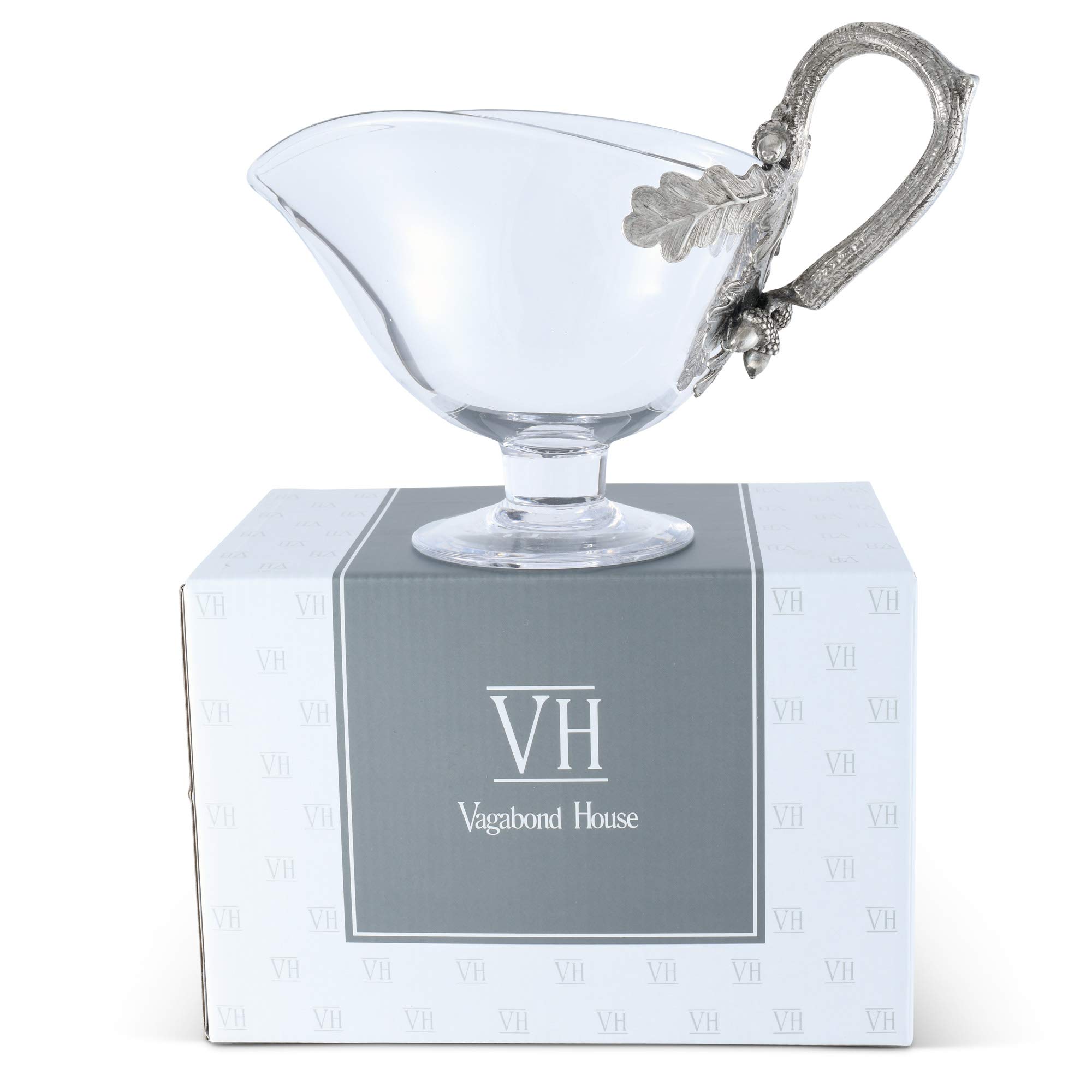 Vagabond House Glass Gravy Boat Sauce Bowl with Pewter Acorn Forest Handle 9 inch Long