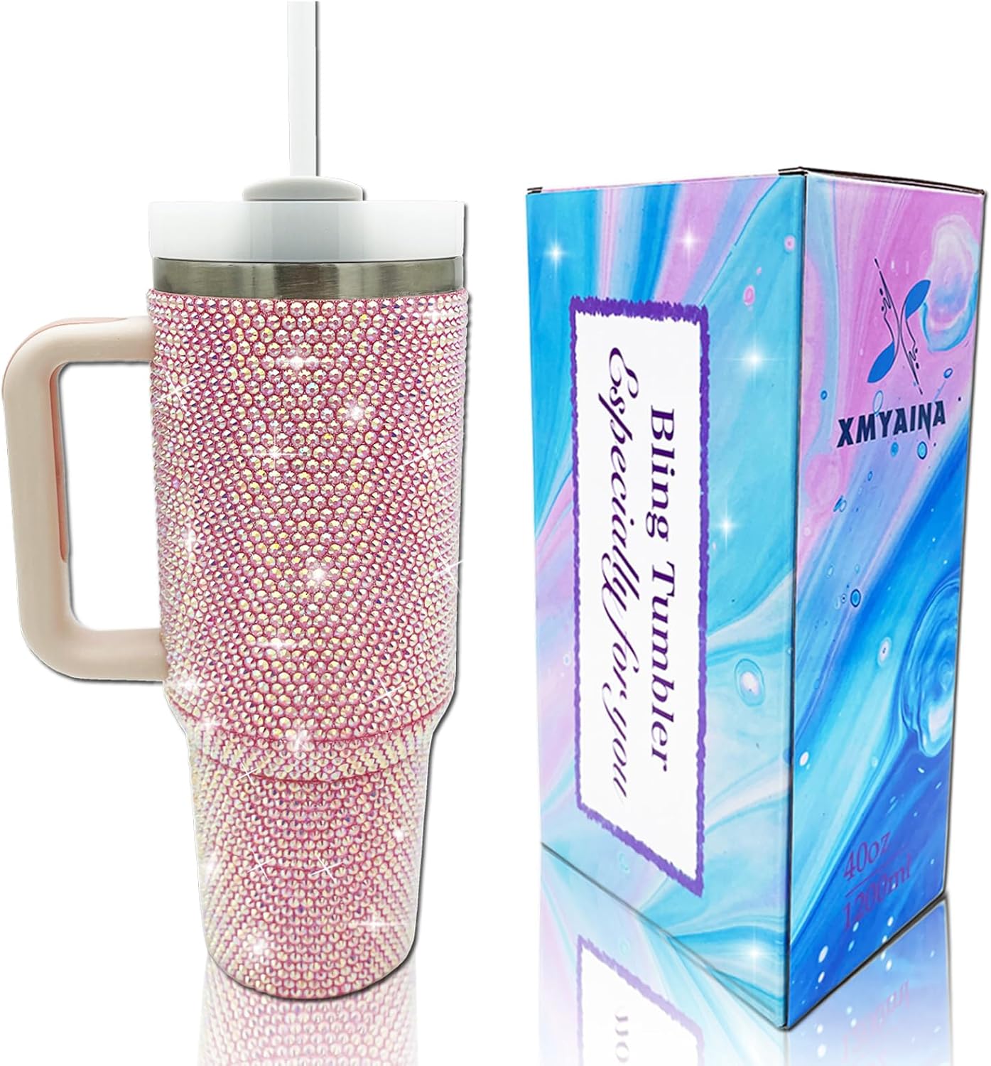 XMYAINA 40oz Bling Tumbler with Handle and Straw Lid Rhinestone Studded Tumbler Cups Vacuum Insulated Stainless Steel Double Wall Water Bottle Travel Mug Gifts for Women Her (Light Rose)