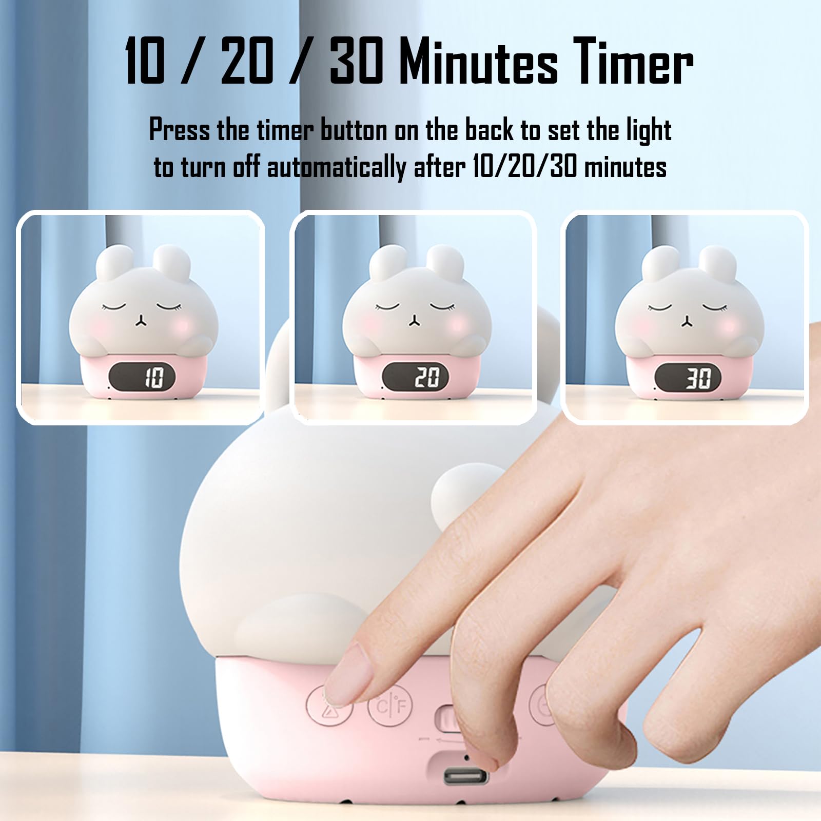 Cute Bunny - Luz nocturna recargable RGB, pantalla de silicona suave, reloj LED de brillo ajustable, fecha, alarma, termómetro, temporizador, control de grifo, lámpara de dormitorio, regalo para niñas