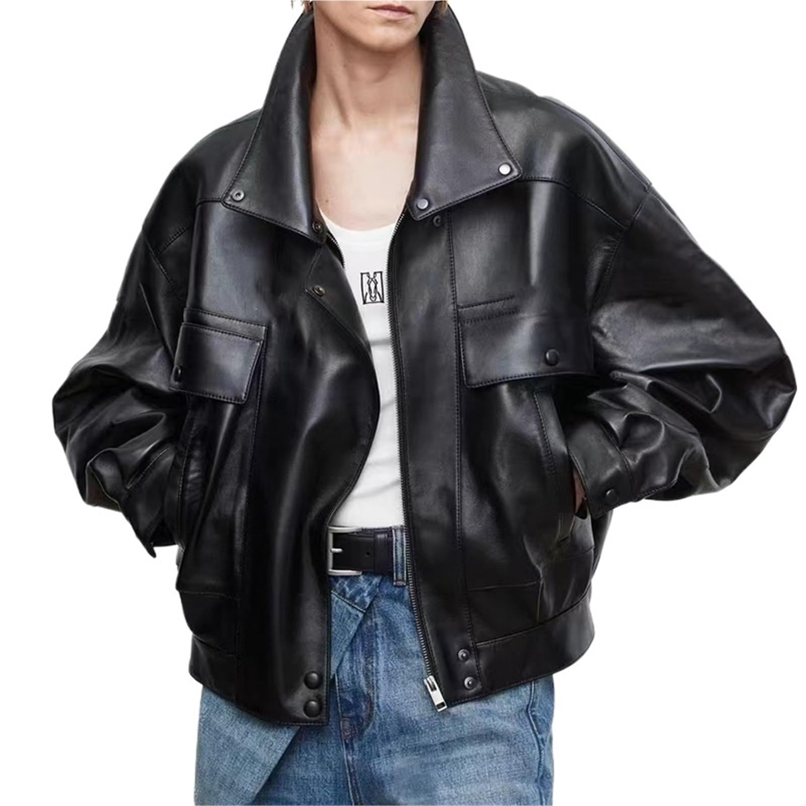 Chaqueta Cuero Mujer Chaqueta de cuero for mujer, estilo vintage, auténtica, holgada, informal, corta Para salir