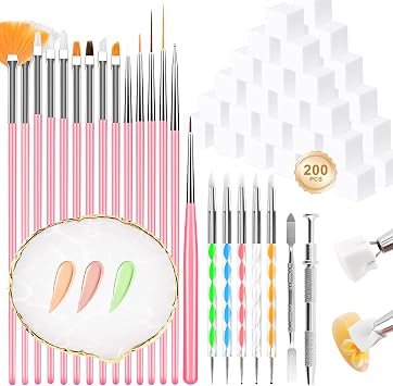 YOOVR Nail Art Tools, 200PCS Nail Sponges for Ombre and Nail Art Brushes Set, Nail Design Tools Supplies with Nail Art Palette, Spatula & Grabber, Nail Tech Must Haves Accessories for Salon & Home Use