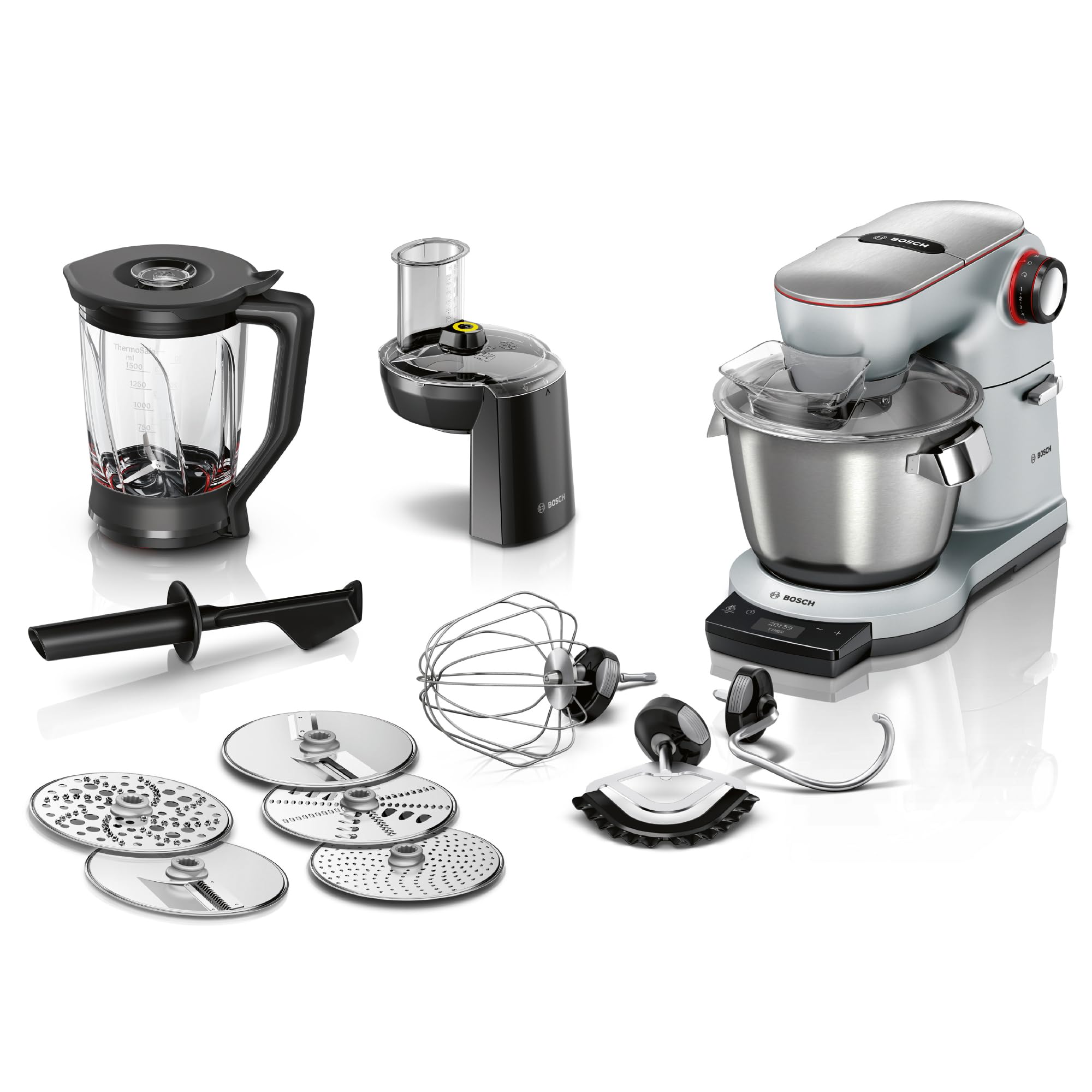 Bosch Küchenmaschine Serie 8 MUM9DT5S41, Edelstahl-Schüssel 5,5 L, integrierter Timer, ohne Waage, diverses Zubehör, Planetenrührwerk, Profi-Knethaken, Schlag-, Silikonbesen Edelstahl, 1600 W, silber
