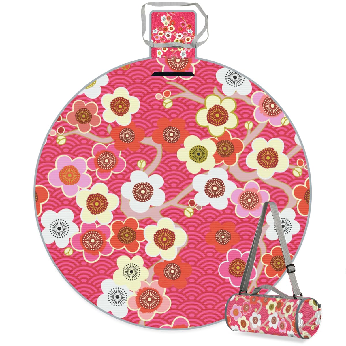 Shimoshe Mermaid Scale Cherry Blossom Picnic Outdoor Blanket Foldable Waterproof Sandproof Beach Blanket Portable Water-Resistant Round Picnic Mat for Travel Camping Park Lawn