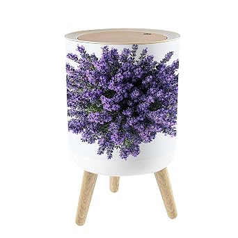 Small Trash Can with Lid Top View Bouquet Purple Lavender Flowers Bunch 1.8 Gallon/7L Garbage Can Waste Bin with Pop-Up Lid Wood Legs Wastebasket for Bathroom Kitchen Bedroom