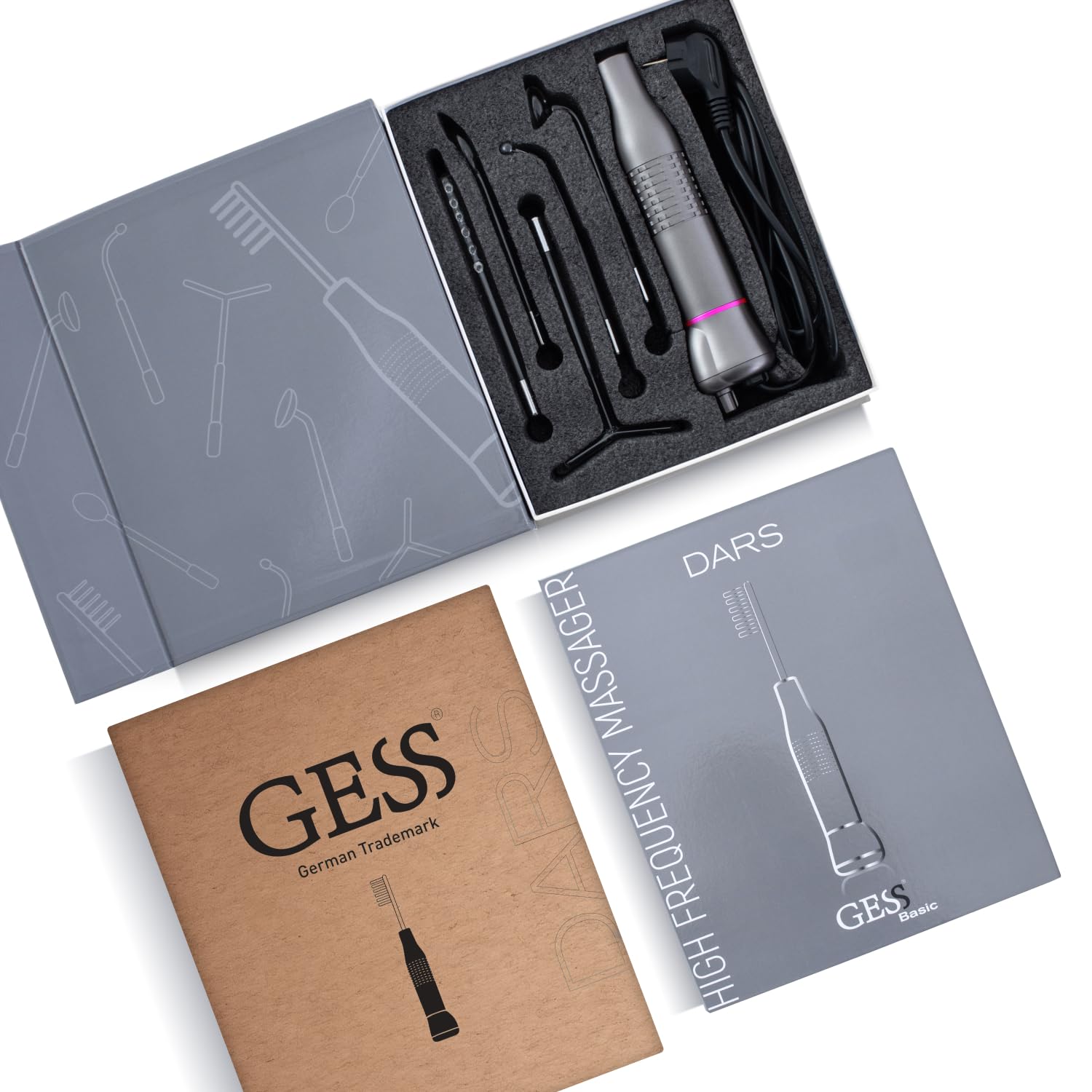 GESS Darsonval 5 in 1 - Asta ad alta frequenza per Capelli e Viso, Gas Argon e Gas Neon, Rimozione dell'Acne, Prevenzione della caduta dei capelli, Rafforzamento della pelle, High Frequency Wand