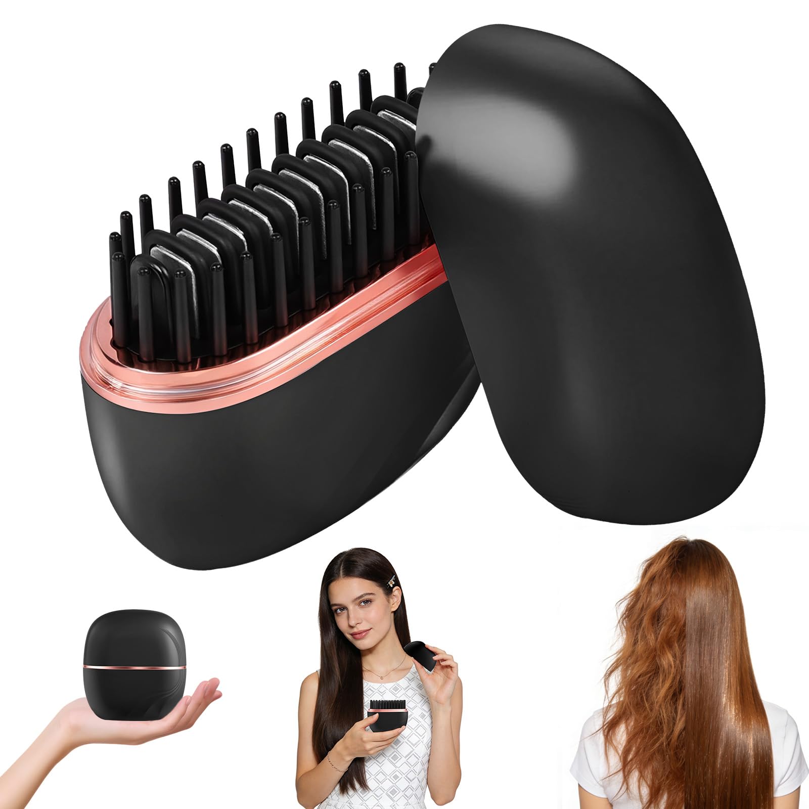 LOPHE Mini Hair Straightener Brush, Portable Pocket Straightening Brush, 3-Level Temperature Control, Hair Straightener Brush with Anti-scald Protection for Travel, Black-image-31