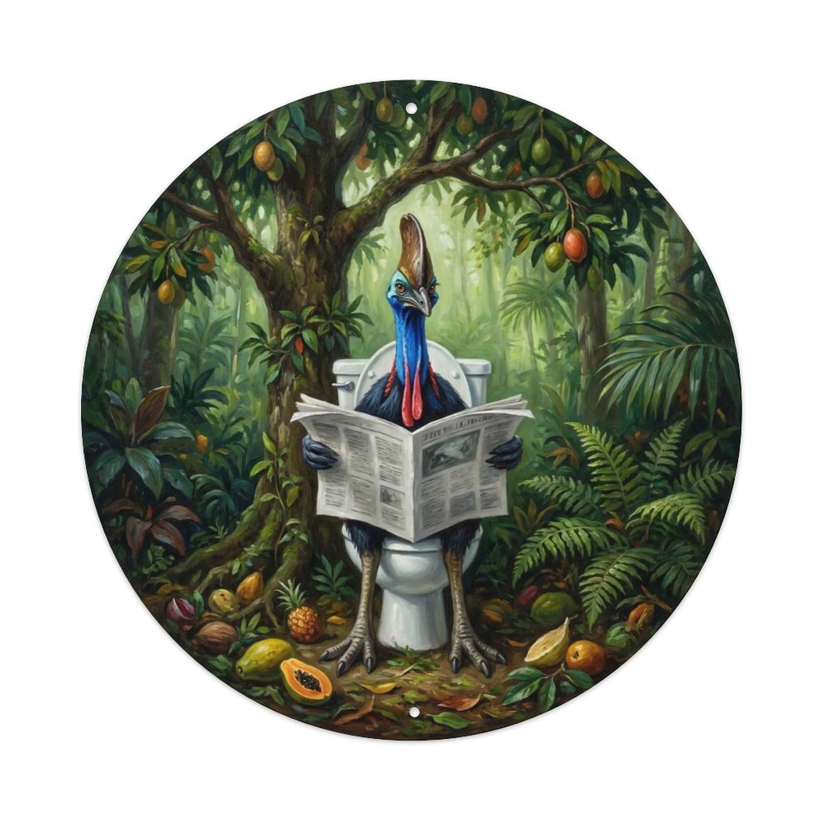 Cassowary On Toilet Humorous Bathroom Fruit Tree Reads Metal Tin Sign