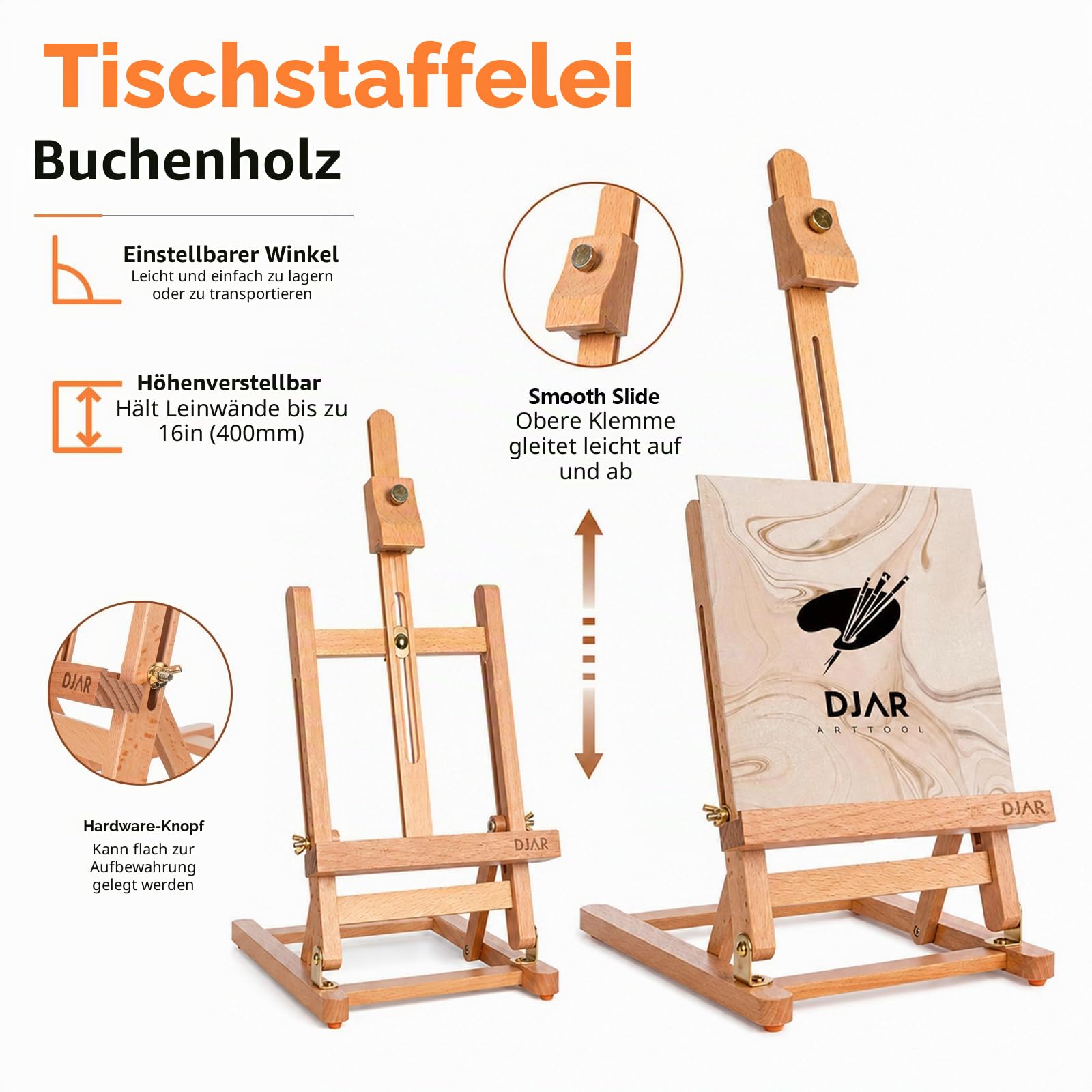 DJAR 49-teiliges Acryl Malset mit 64 cm Tischstaffelei, Verstellbares Buchenholz Malset mit 24 Farben, Leinwänden und Palette für Künstler
