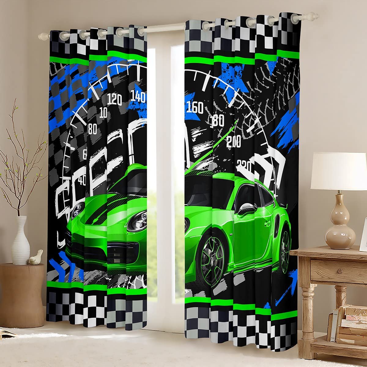 Feelyou Boys Race Car Window Treatments Race Sports Car Window Drapes for Kids Boys Sports Theme Curtains Checkered 30%-50% Blackout Curtain Fluorescent Green 42W X 63L,2 Panels