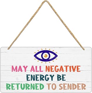 Inspirational Evil Eye Sign Decor May All Negative Energy Be Returned to Sender Wooden Sign Plaque Wall Hanging Posters Artwork Rustic Home Decortion 10x5 inch