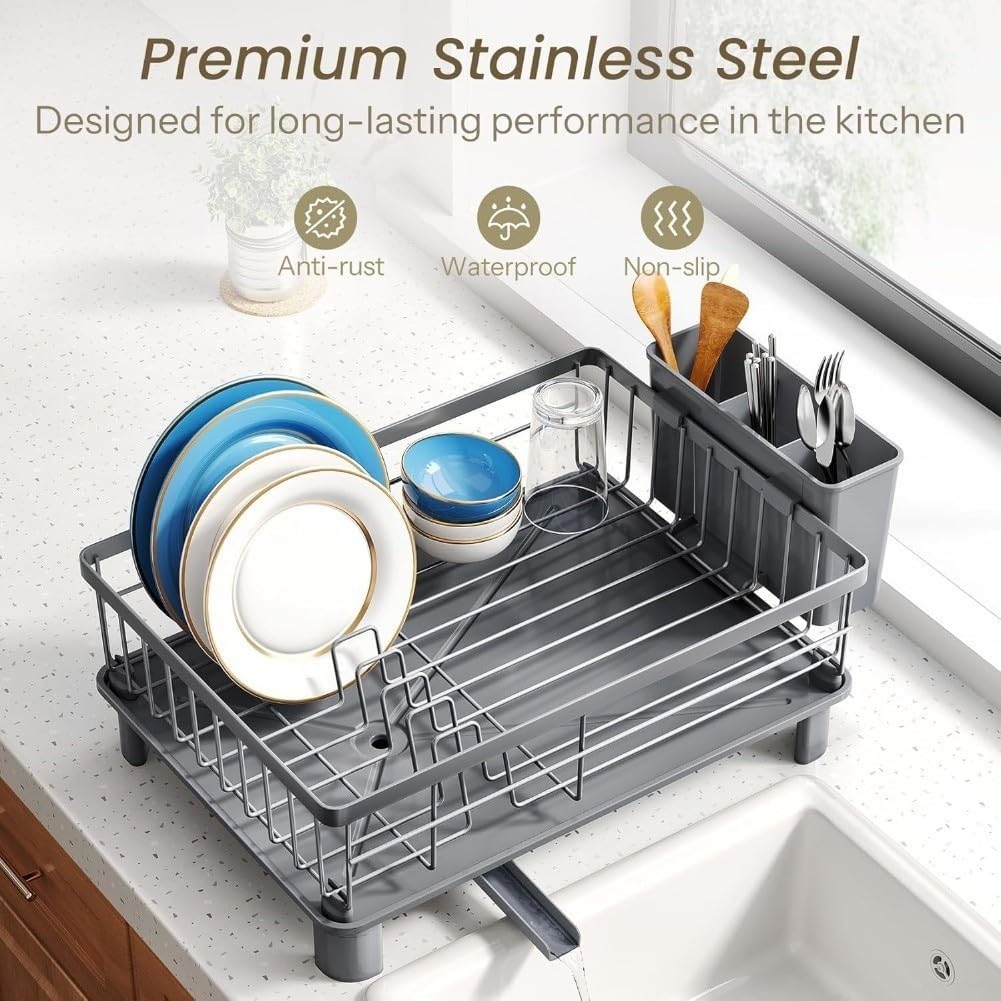 Kitchen Countertop Stainless Steel Dish Drying Rack with Utensil Holder and Drainboard for Organized Drying and Prevention of Water Spills(Gray)
