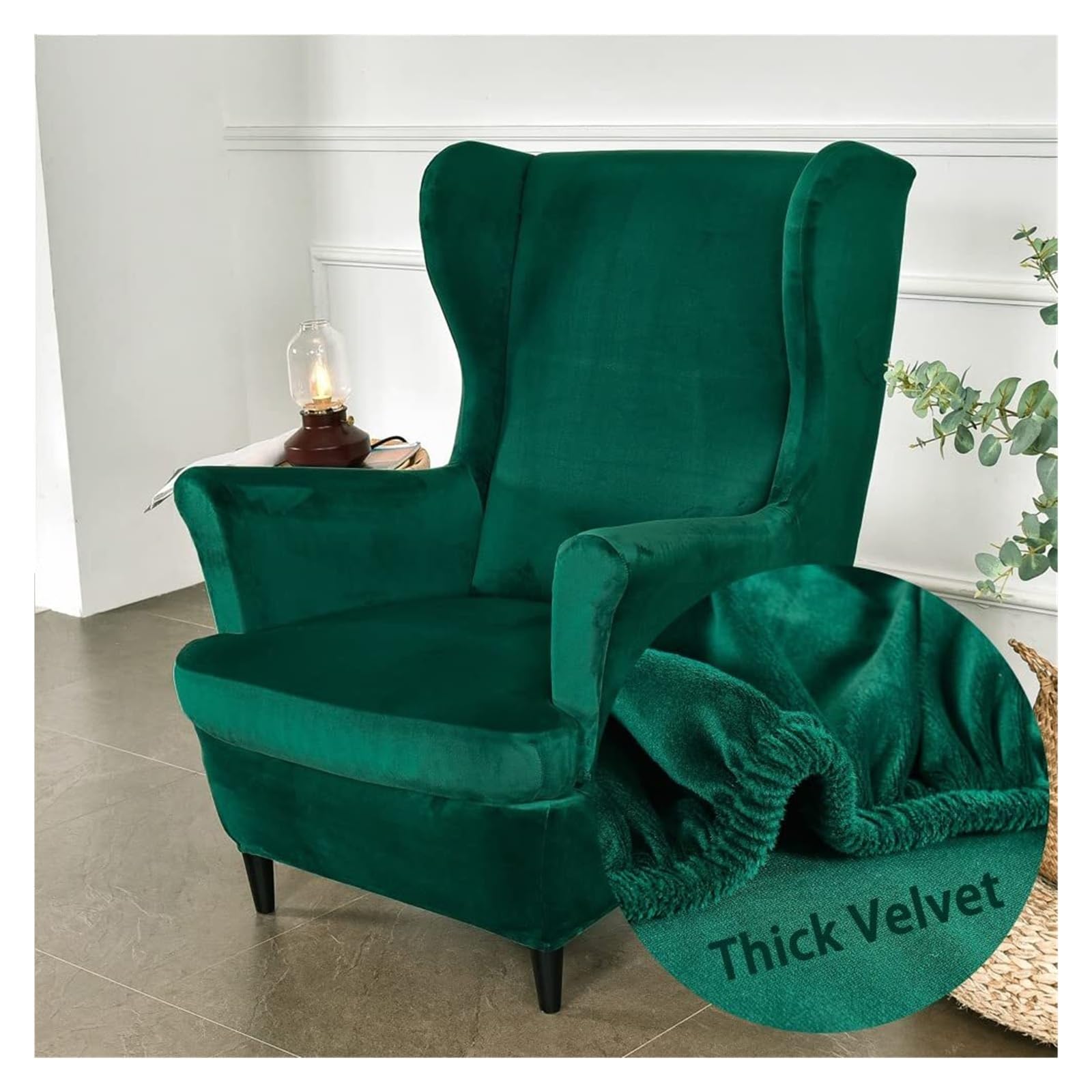 WJHDWYD 2-Piece Stretch Velvet Wingback Chair Cover Armchair Cover with T-Cushion Cover, Solid Color Fashion Non-Slip Armchair Cover for Strandmon,Bedroom(Vert Foncé)