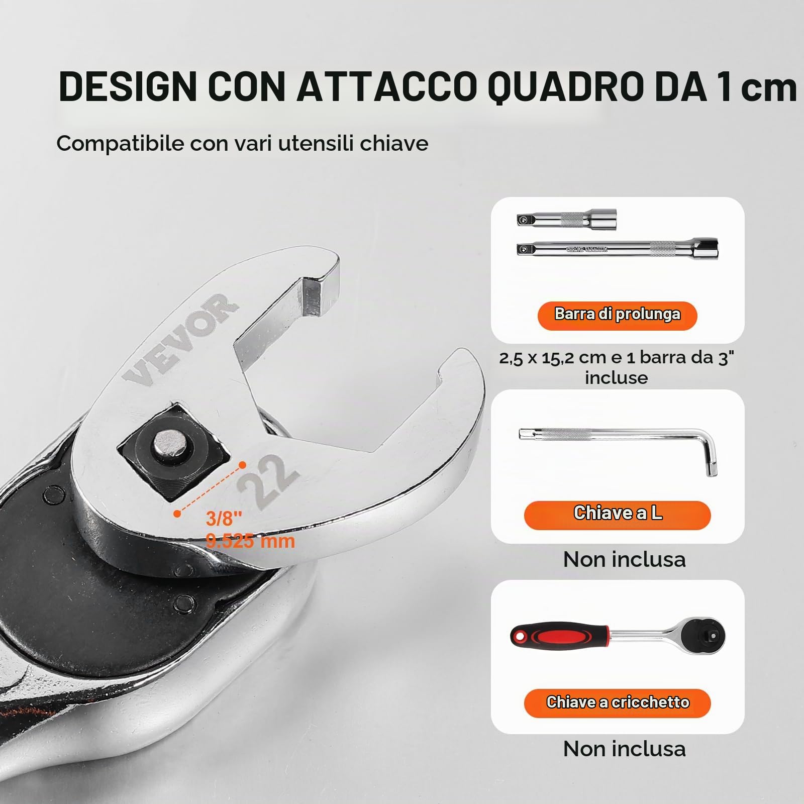 VEVOR Set di 24 chiavi a piede di corvo 3/8" attacco, 3/8"-1" SAE chiave a piede di porco metrica 10-22mm, acciaio CR-MO con custodia, compatibile con chiave dinamometrica, per riparazione auto