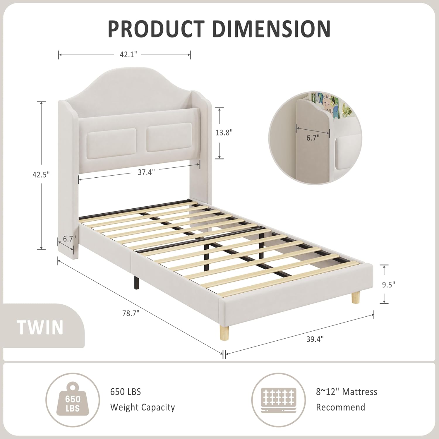 GarveeHome Twin Bed Frame for Kids, Upholstered Velvet Princess Platform Bed for Boys/Girls with Wingback, Bookcase Headboard & LED Lights, No Box Spring Needed, Noise-Free, Easy Assembly, Beige