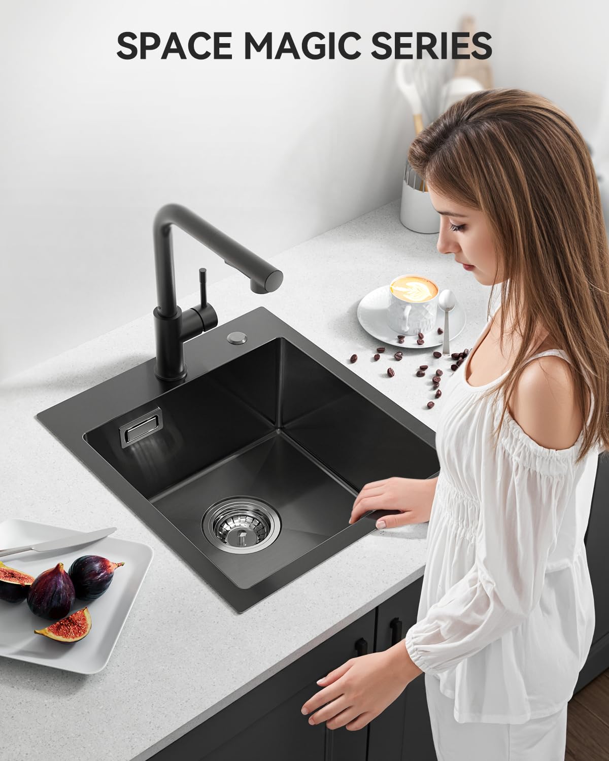 Lavello Cucina 1 Vasca Nero - 40x45cm, Acciaio Inox, Con Sifone