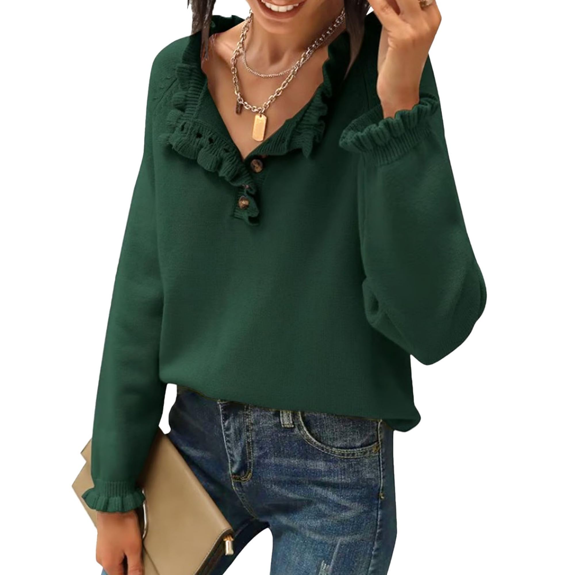 Womens Fall Sweaters 2025 Winter Clothes Long Sleeve Ruffle Crew Neck Casual Knitted Pullover Tops