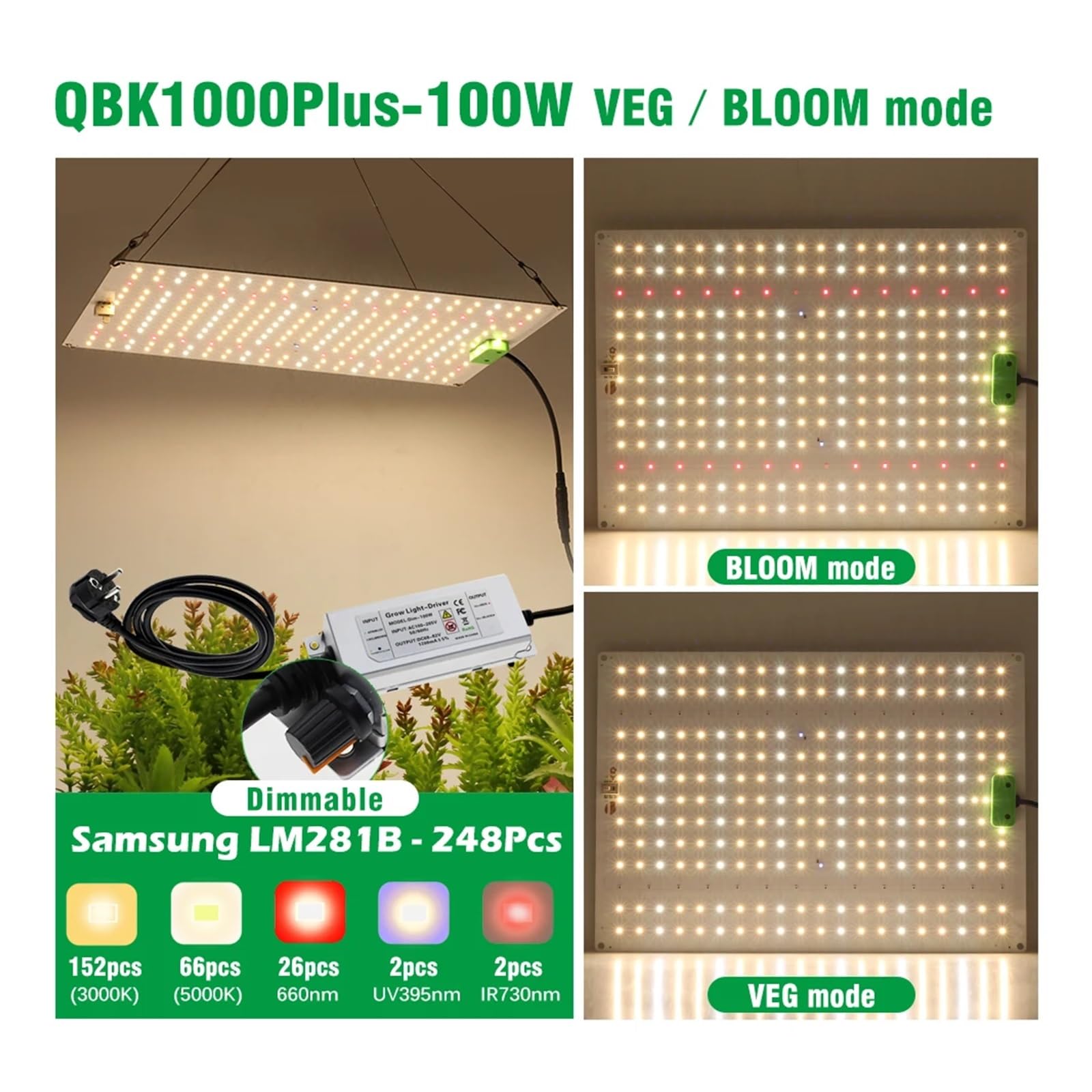 Lampe de Plante, LED élèvent la lumière LM281B 2000W 4000W 6000W Lampe Phyto à Spectre Complet Semblable Soleil quantique for l'éclaira de Croissance des Plantes de Serre.(QBC6000)