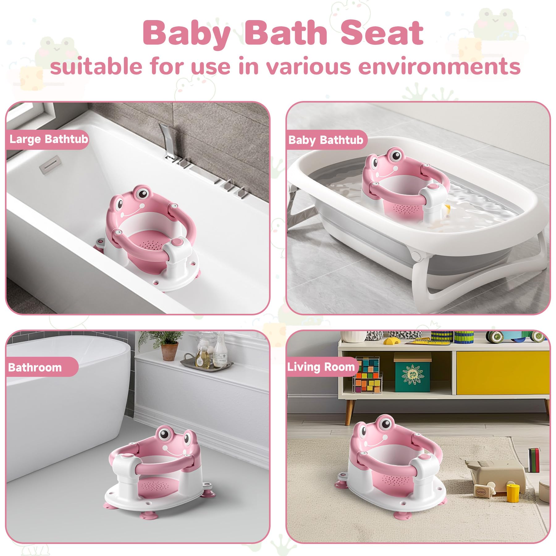 Asiento de Bañera para Bebé a Partir de 5 Meses, Silla de Baño Segura y Portátil, Antideslizante con Diseño de Rana, 4 Ventosas y Cojín Transpirable para Ducha y Bañera, Rosa